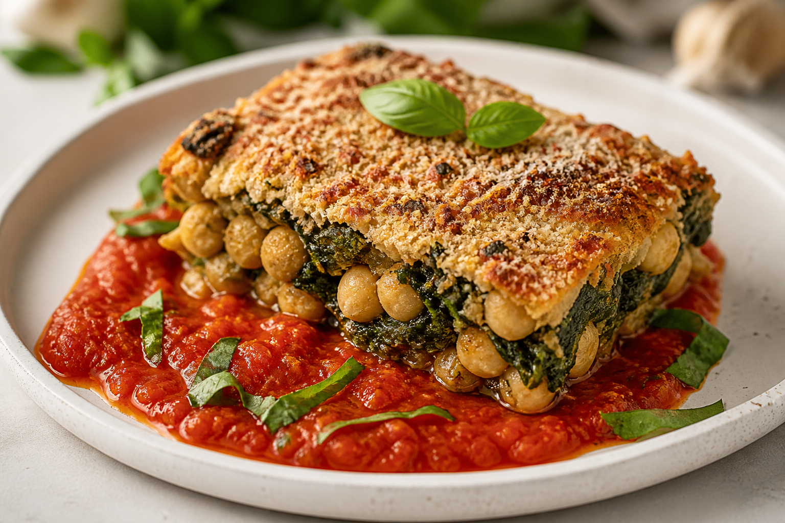 Pastel de garbanzos y espinaca con costra de parmesano, salsa tibia de tomate asado y albahaca