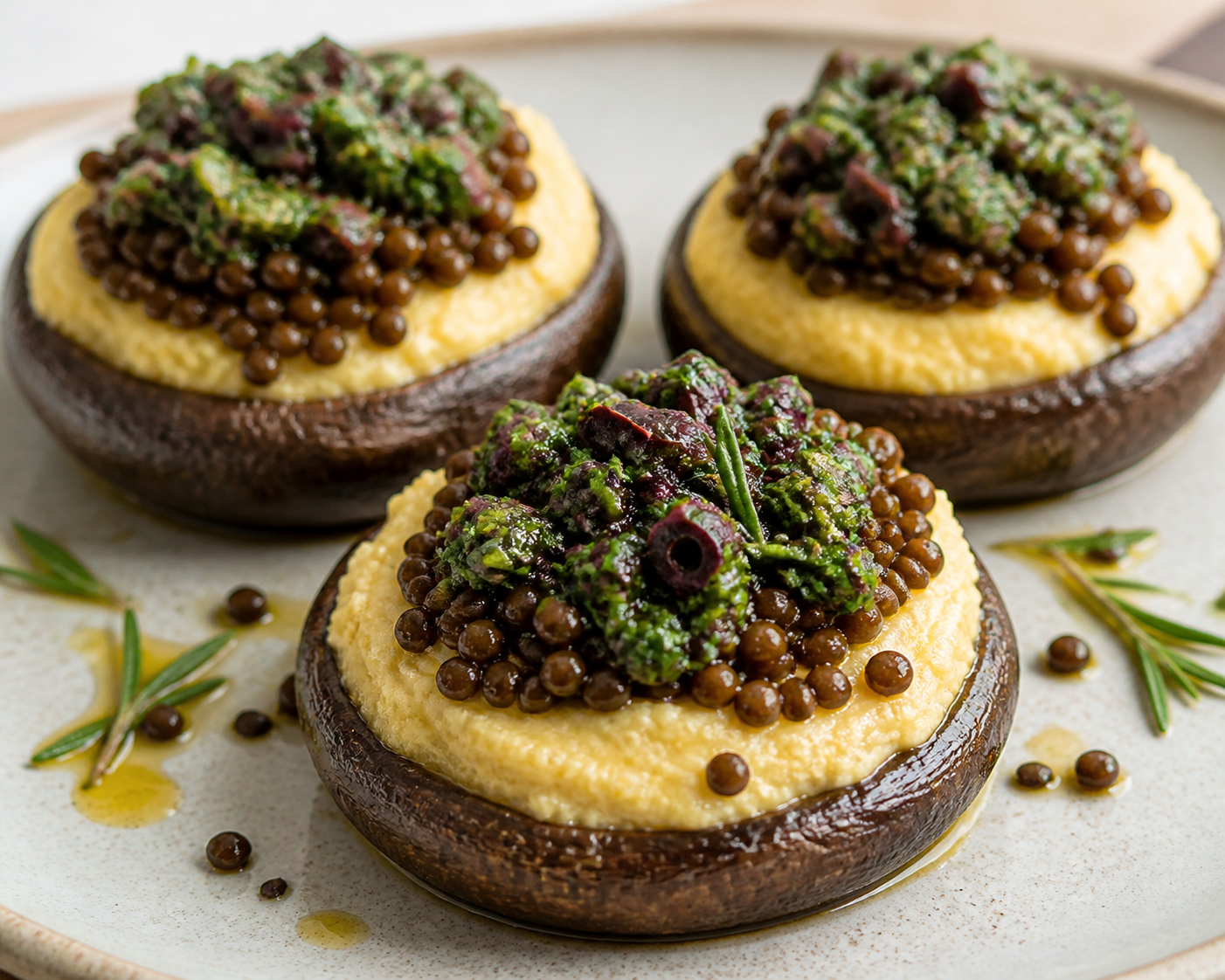 Portobellos rellenos de polenta cremosa al romero con lentejas balsámicas y gremolata de aceituna
