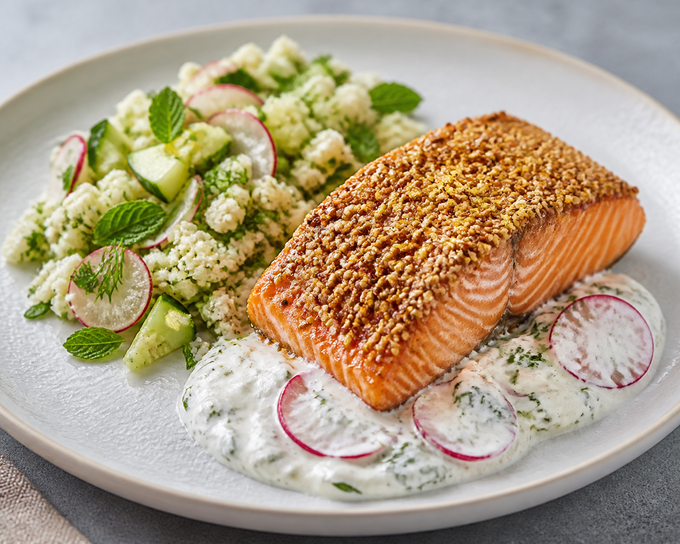 Salmón al horno con costra de sésamo y limón, tabulé de coliflor con hierbas y yogur de rábano