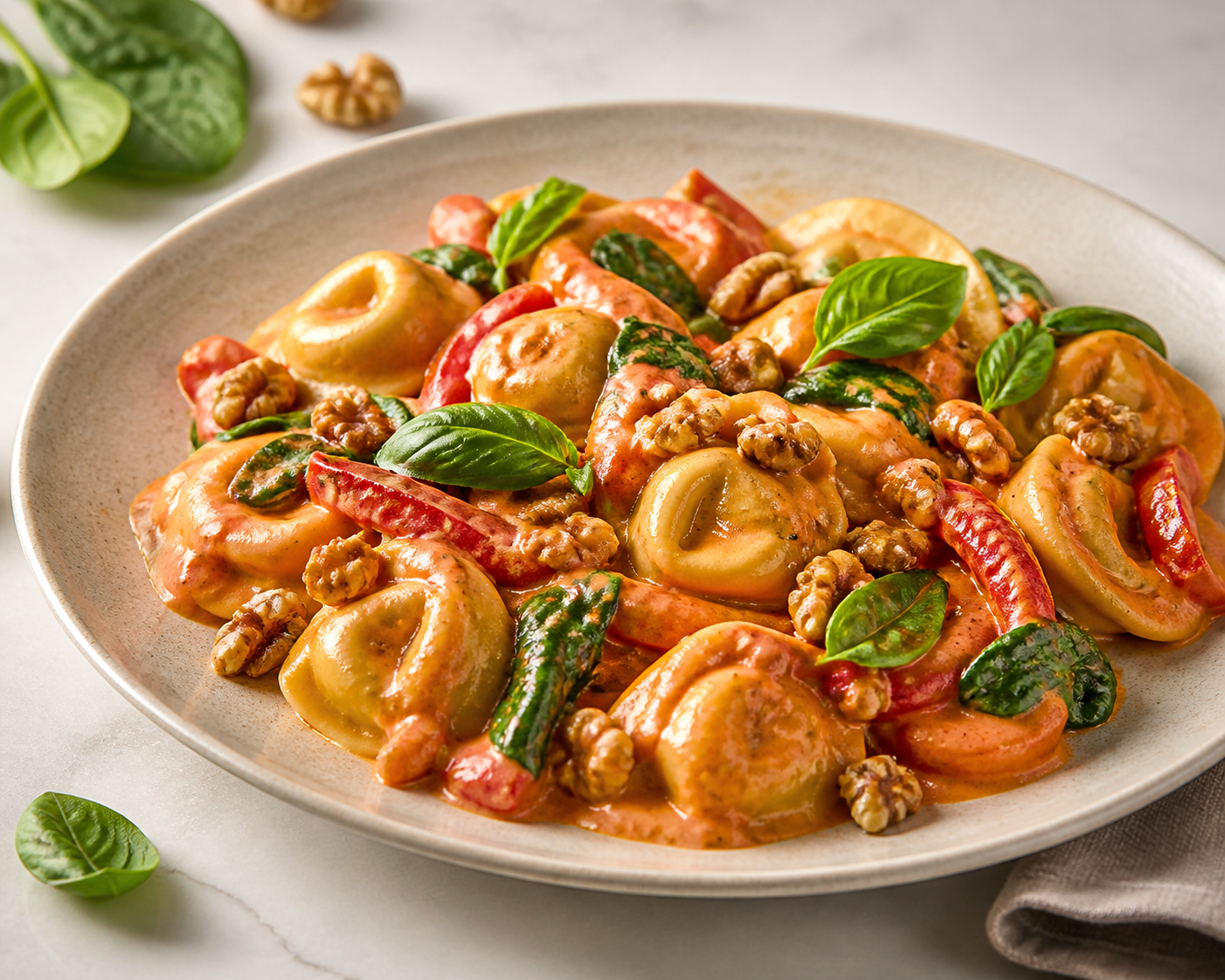 Tortellini exprés en salsa cremosa de pimiento rojo con espinaca, nueces y albahaca