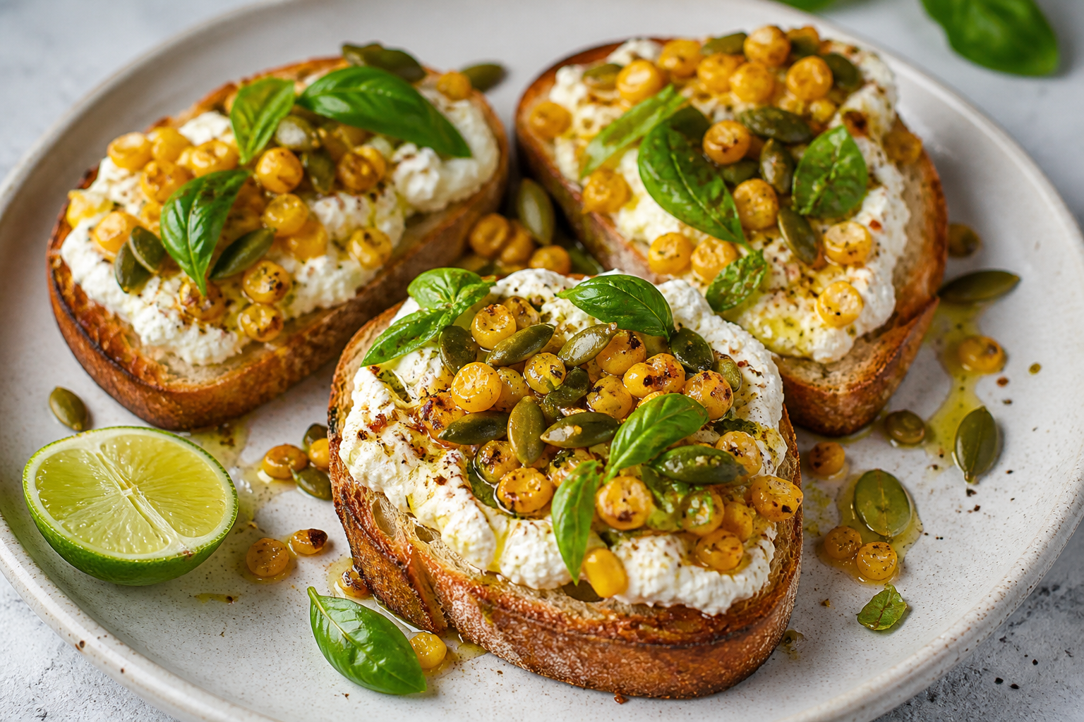 Tostadas exprés de burrata batida con maíz salteado, lima, albahaca y semillas de calabaza