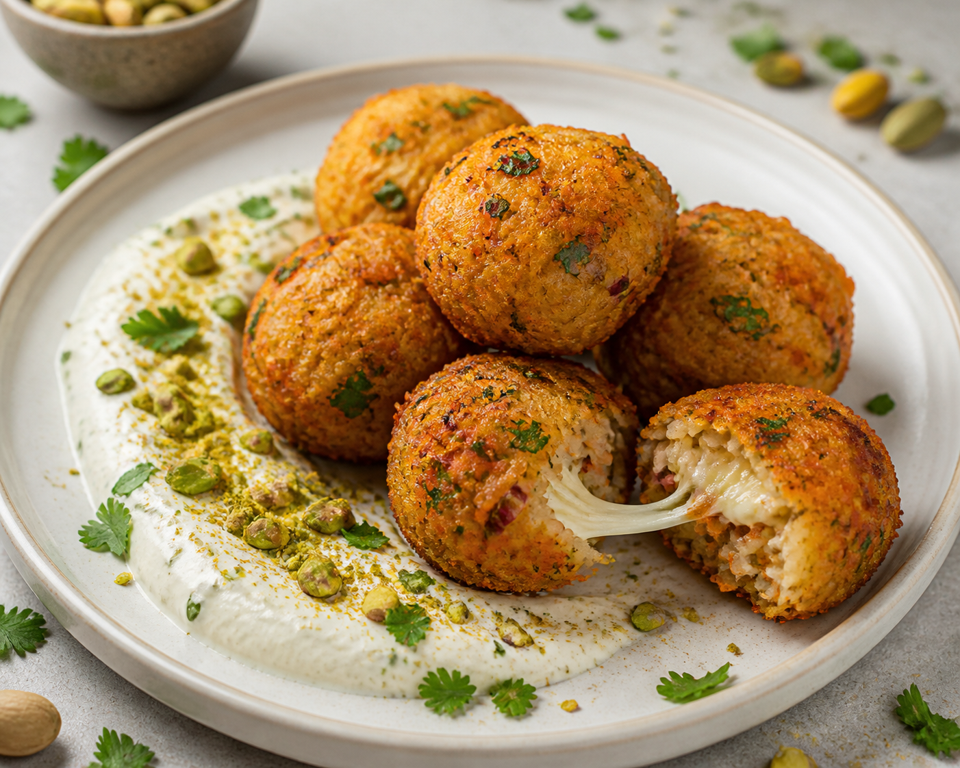 Air Fryer Jasmine Rice and Carrot Bites with Mozzarella Center, Mild Curry Yogurt and Pistachio