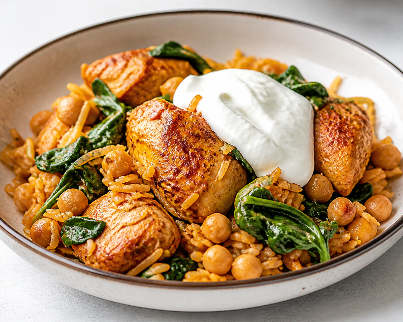 Instant Pot de pollo con garbanzos, espinacas y arroz de pimentón con yogur al limón