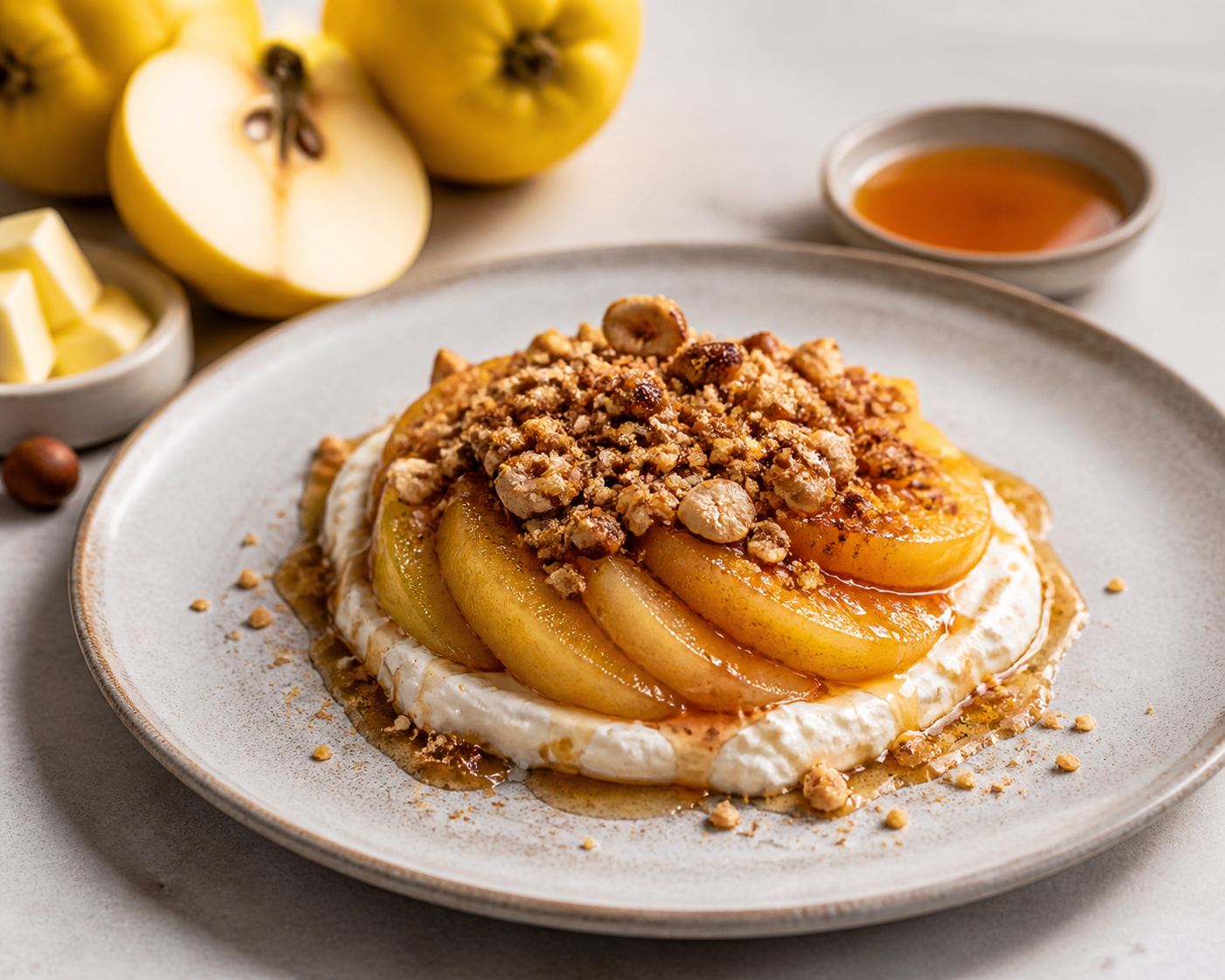 Warm Spiced Quince Gratin with Soft Cheese Cream and Hazelnut Crust