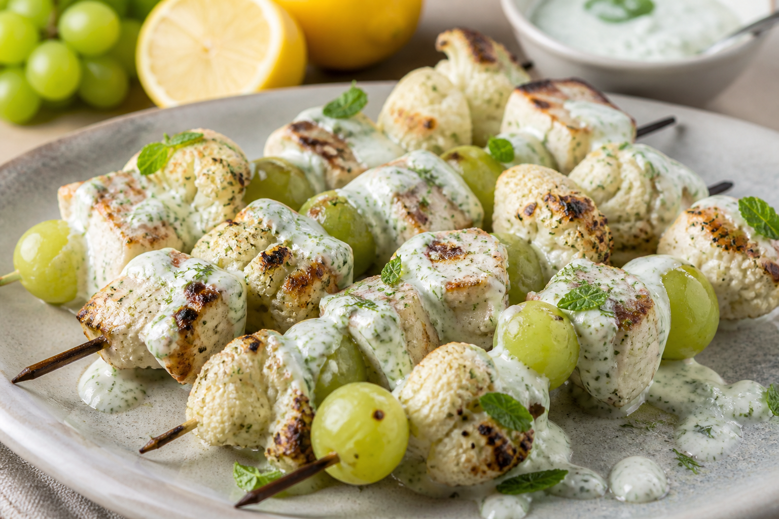Grilled Chicken Skewers with Cauliflower, Green Grapes, and Yogurt Mint Lemon Marinade