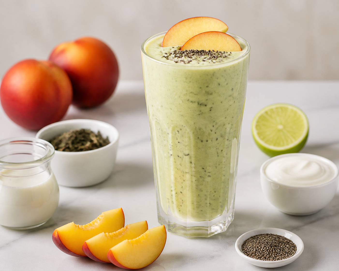 Batido Brisa Solar de Nectarina, Coco y Té Verde con Lima y Chía