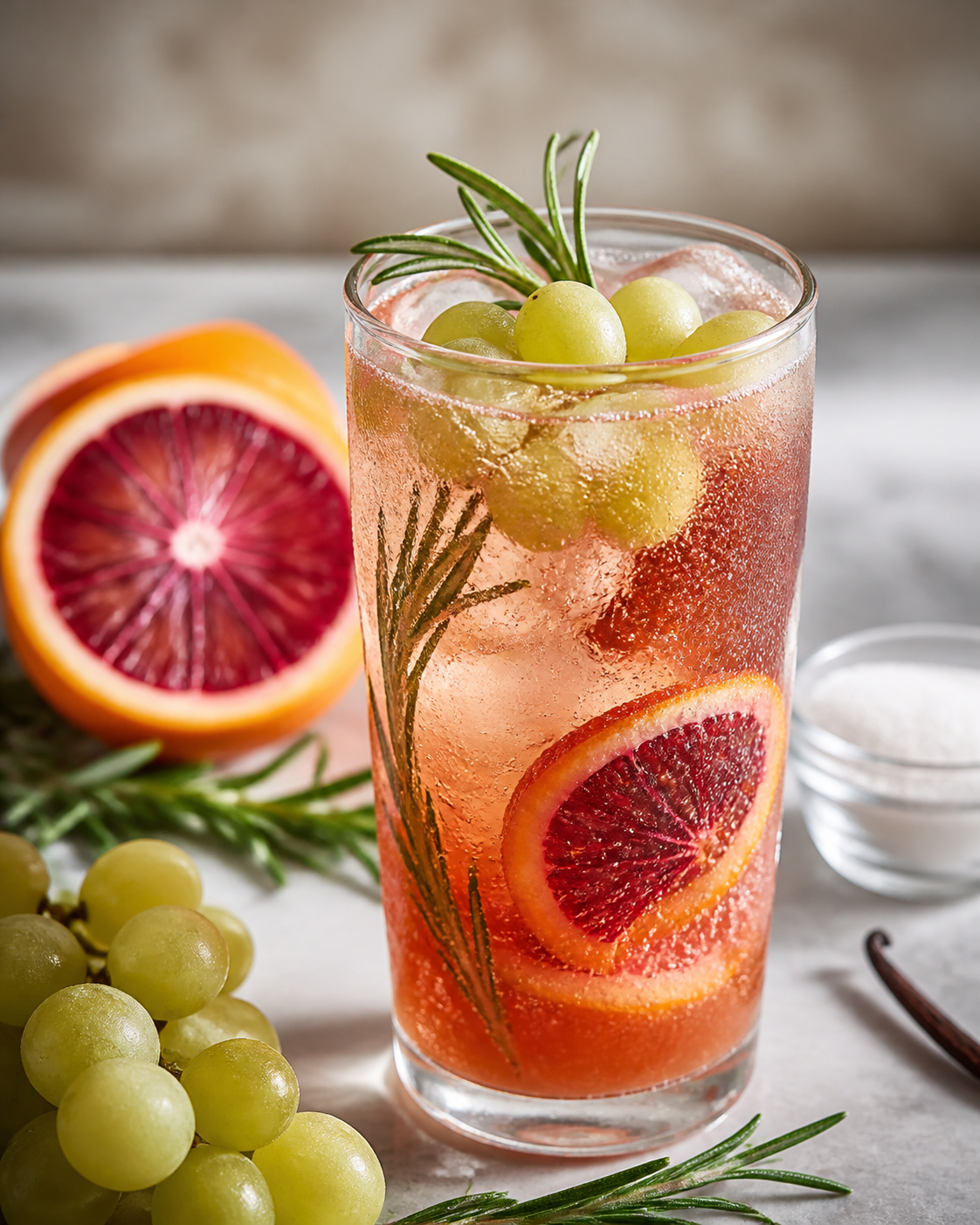 Refresco espumoso de naranja sanguina, romero y vainilla con uva blanca