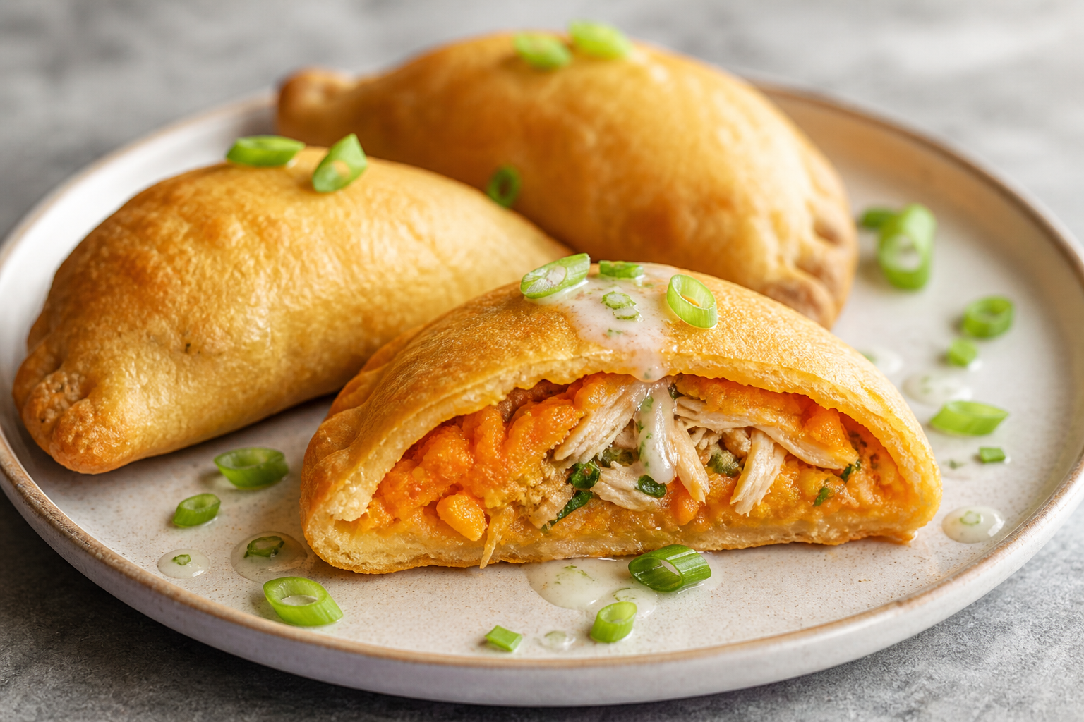 Pastelitos Caribeños de Batata y Cangrejo con Salsa Tibia de Coco, Lima y Cebolleta
