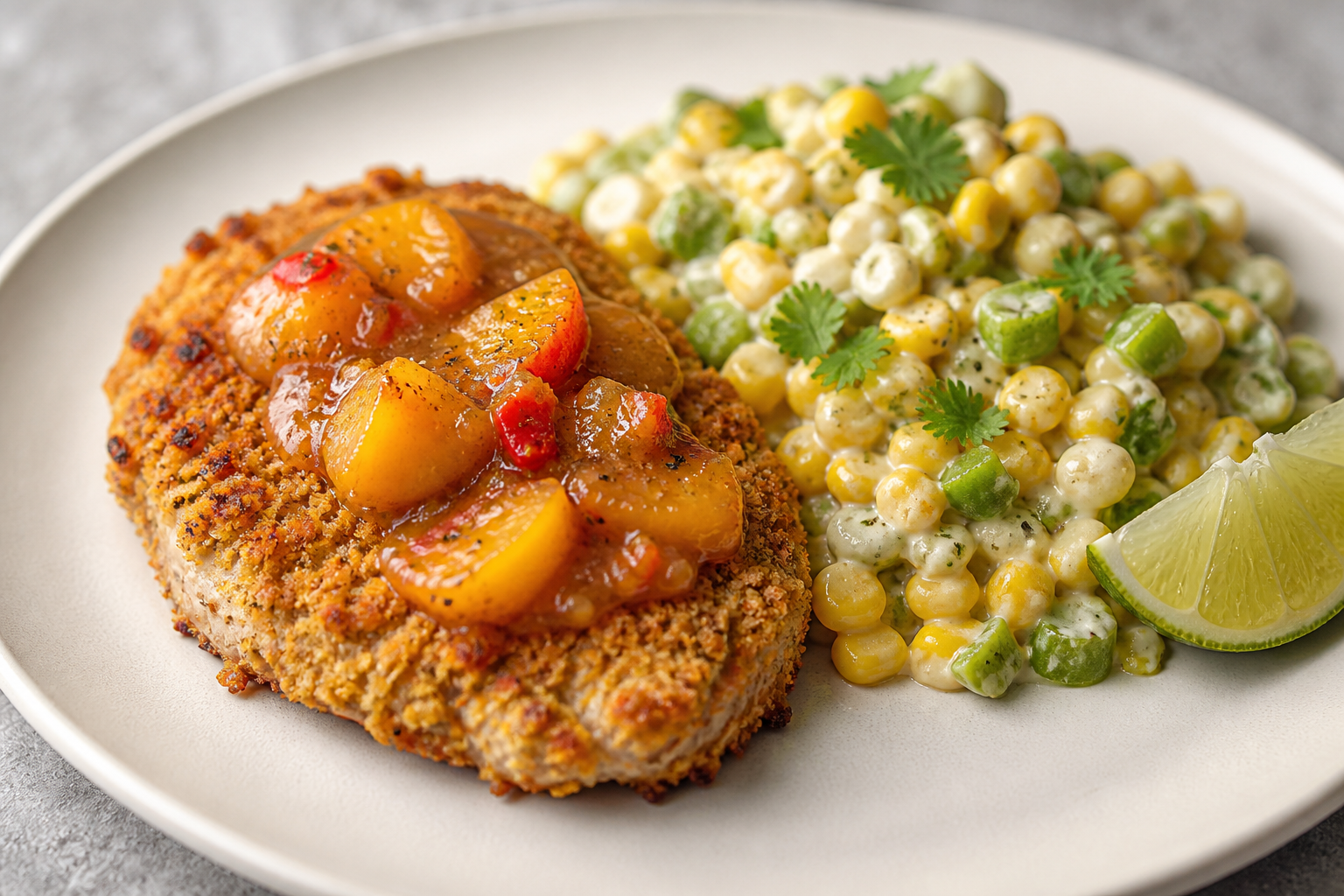 Corn Cracker Crusted Pork Chops with Spicy Peach Butter and Creamy Lime Succotash