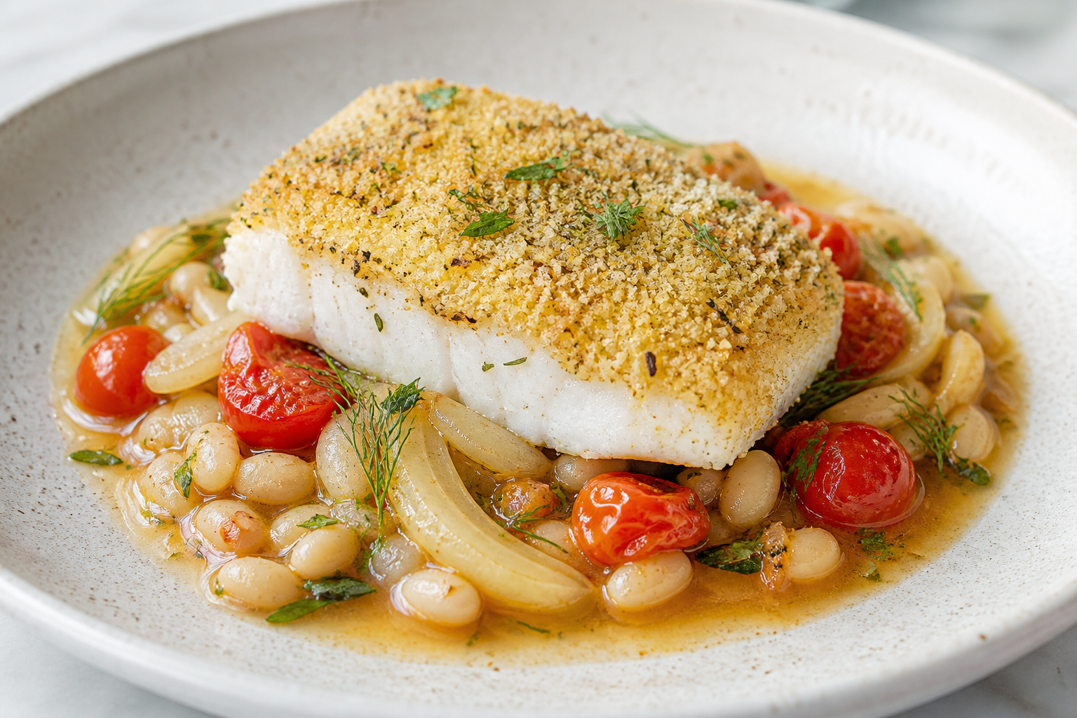 Bacalao Mediterráneo con Costra de Sémola y Hierbas sobre Guiso de Hinojo, Tomate Cherry y Alubias