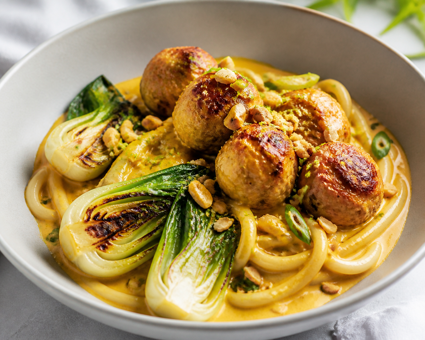 Udon Noodles with Lemongrass Chicken Meatballs, Yellow Curry Coconut Sauce, Charred Bok Choy and Peanut-Lime Crunch