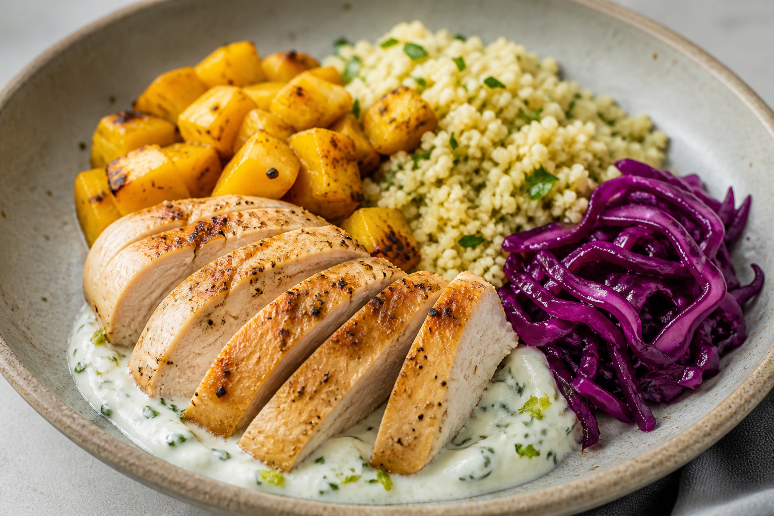 Warm Turkey Bowl with Roasted Mango and Cumin, Herbed Couscous, Sautéed Red Cabbage, and Creamy Lime Yogurt Sauce