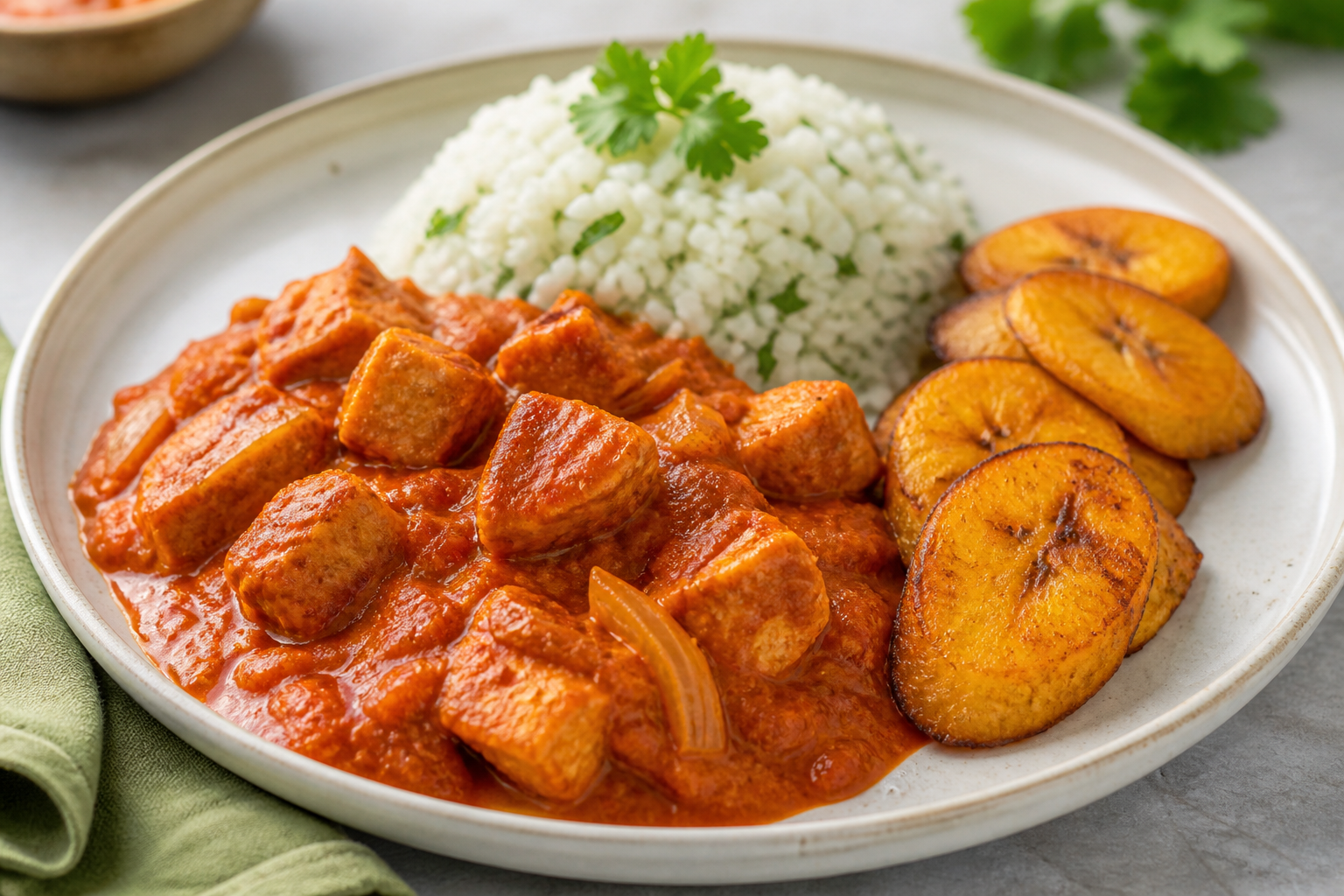 Pavo en salsa de pepián de tomate asado con arroz de cilantro y plátano dorado