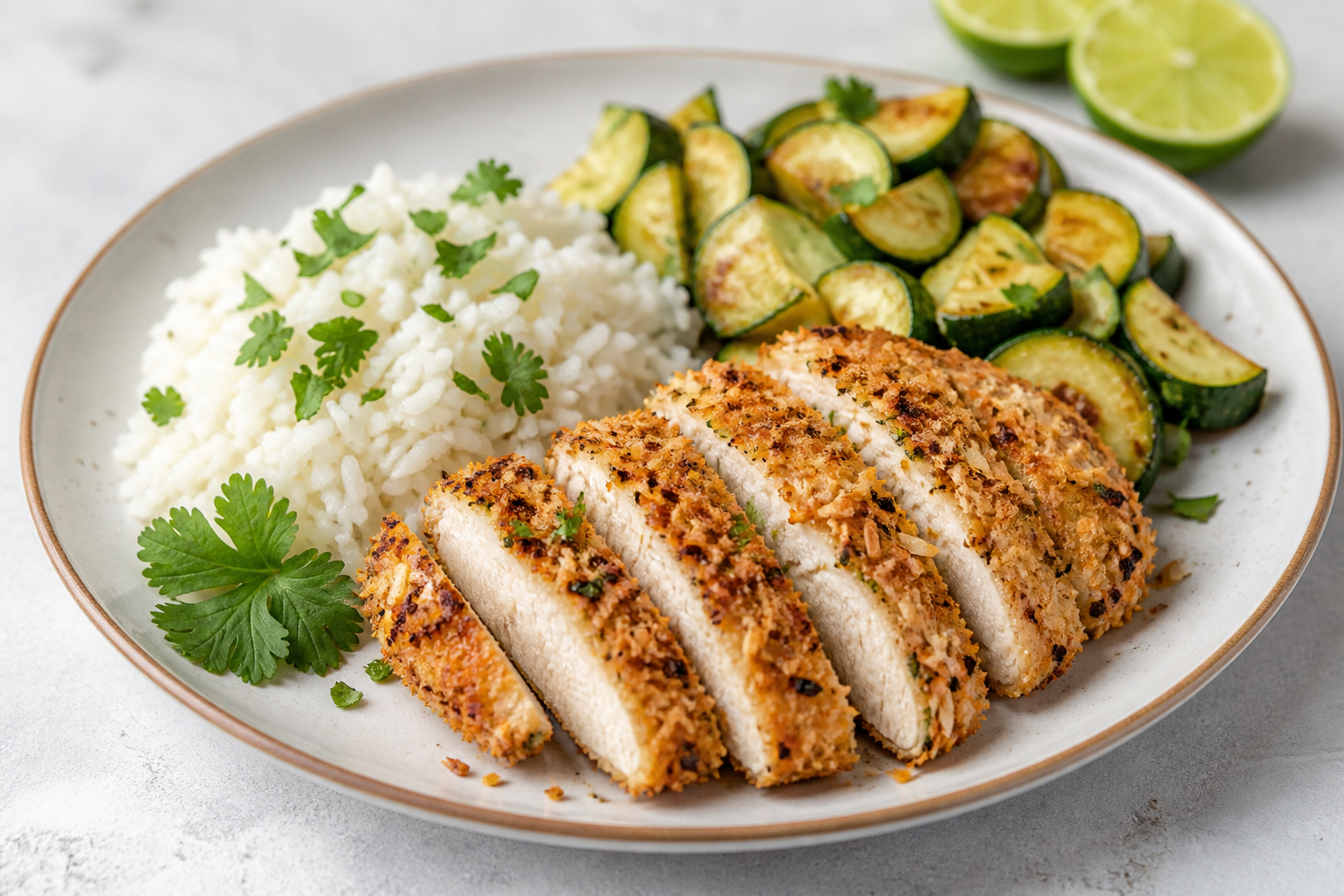 Pollo crujiente de lima y coco con arroz jazmín al cilantro y calabacín salteado