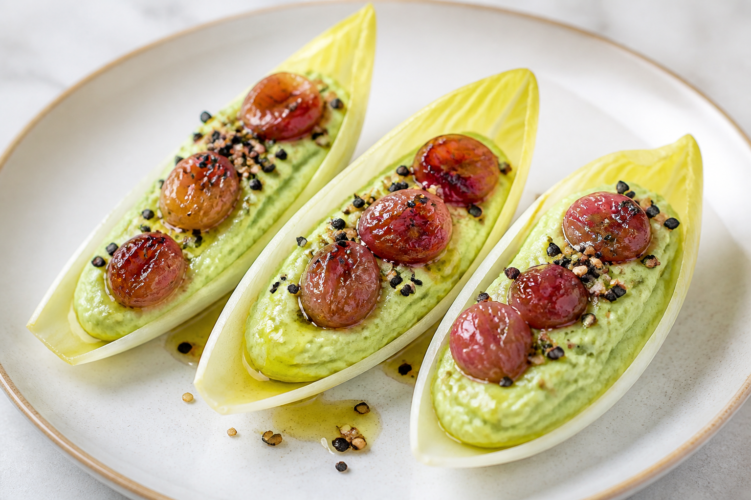 Endivias tibias con crema de edamame al limón, uvas asadas y crocante de sésamo negro