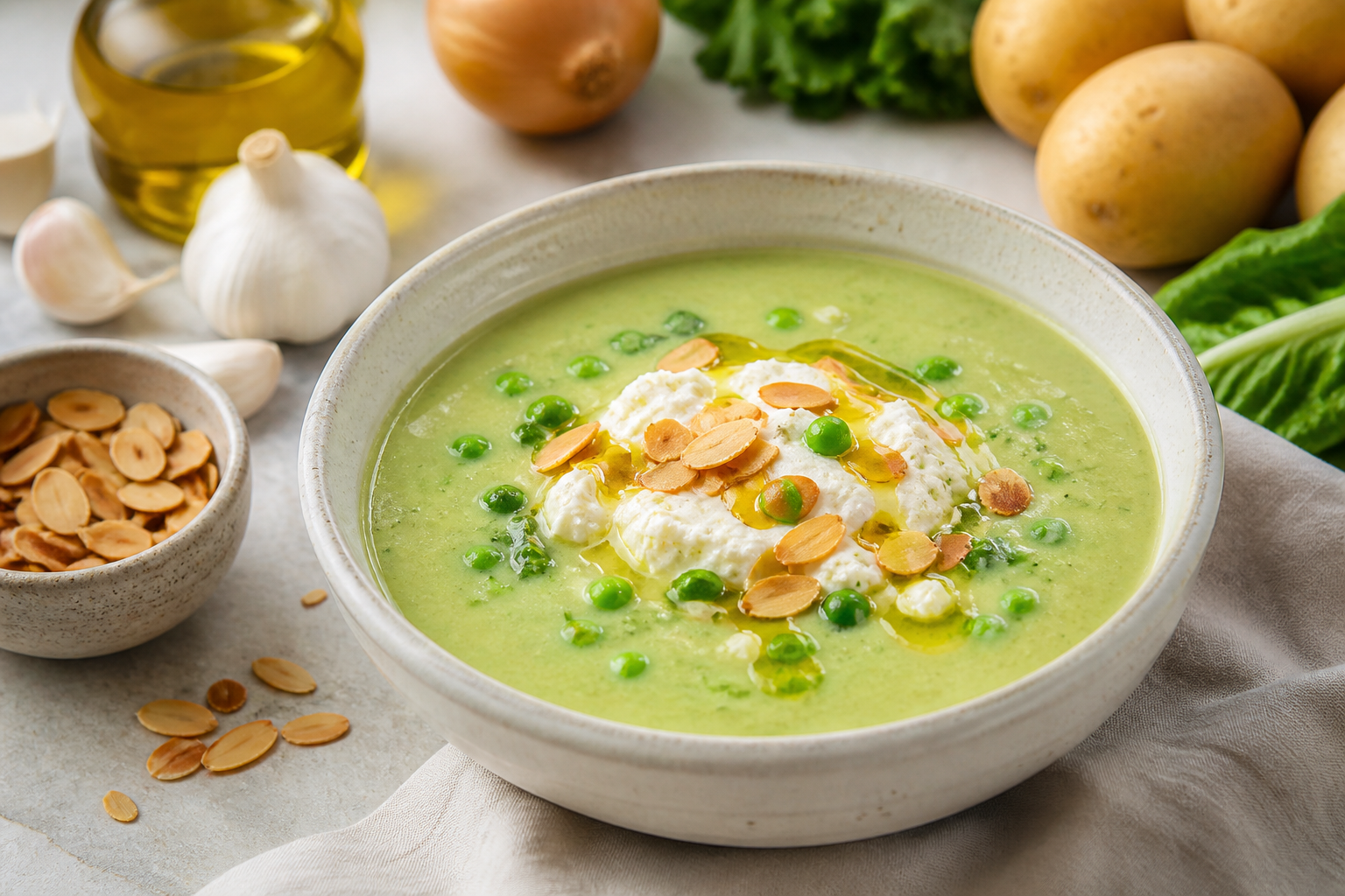 Sopa cremosa de guisantes, lechuga romana y patata con ricotta de limón y almendra tostada