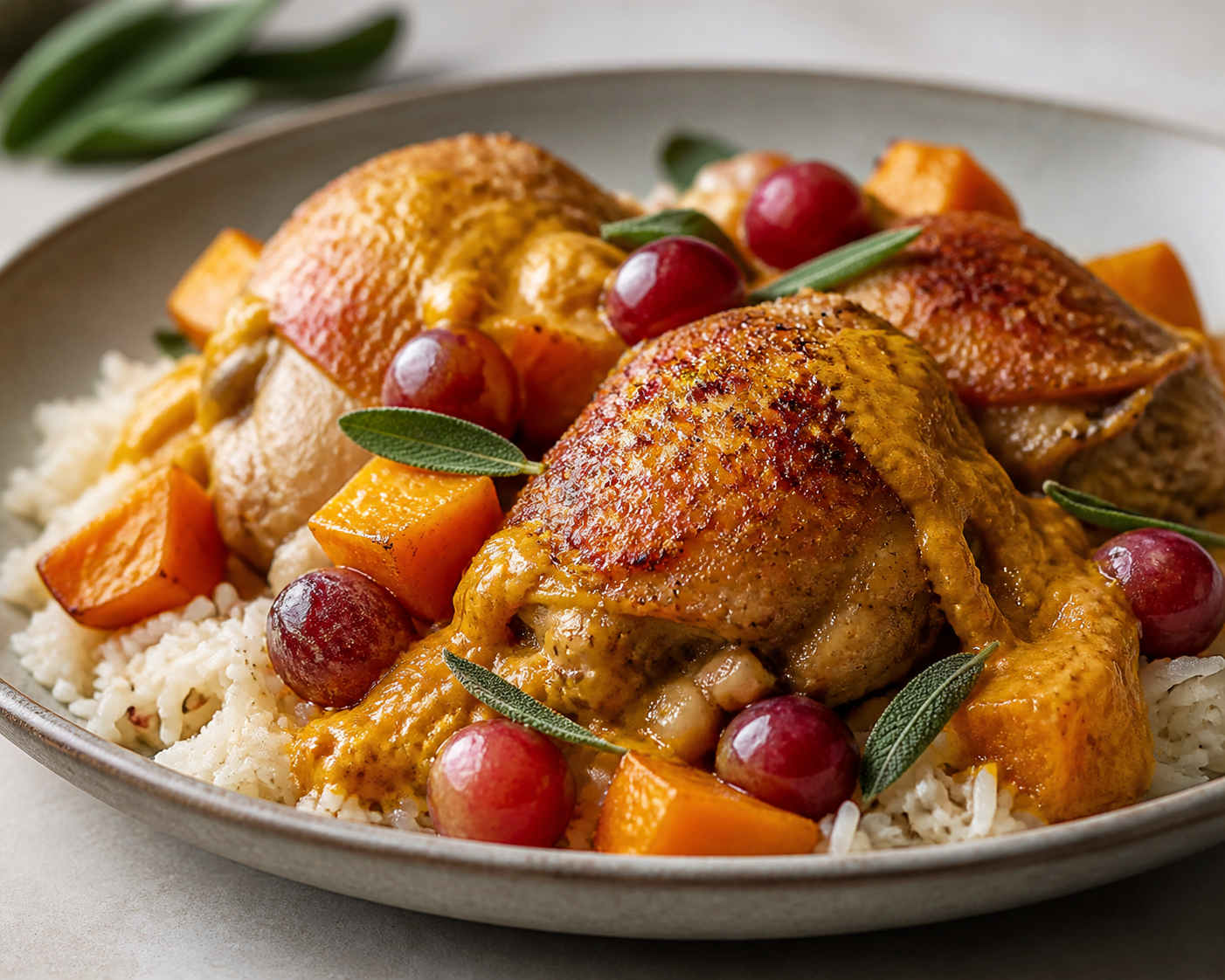 Roasted Chicken with Roasted Pumpkin Sage Sauce and Warm Grapes over Creamy Onion Rice