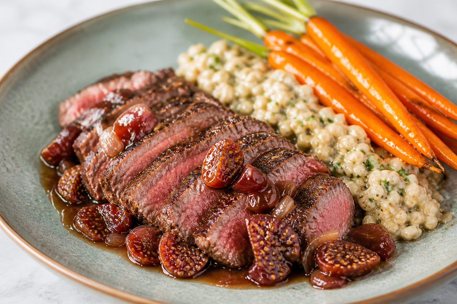 Filete de Res con Salsa de Higo Asado y Chalota, Farro Cremoso de Hierbas y Zanahorias Glaseadas al Jengibre