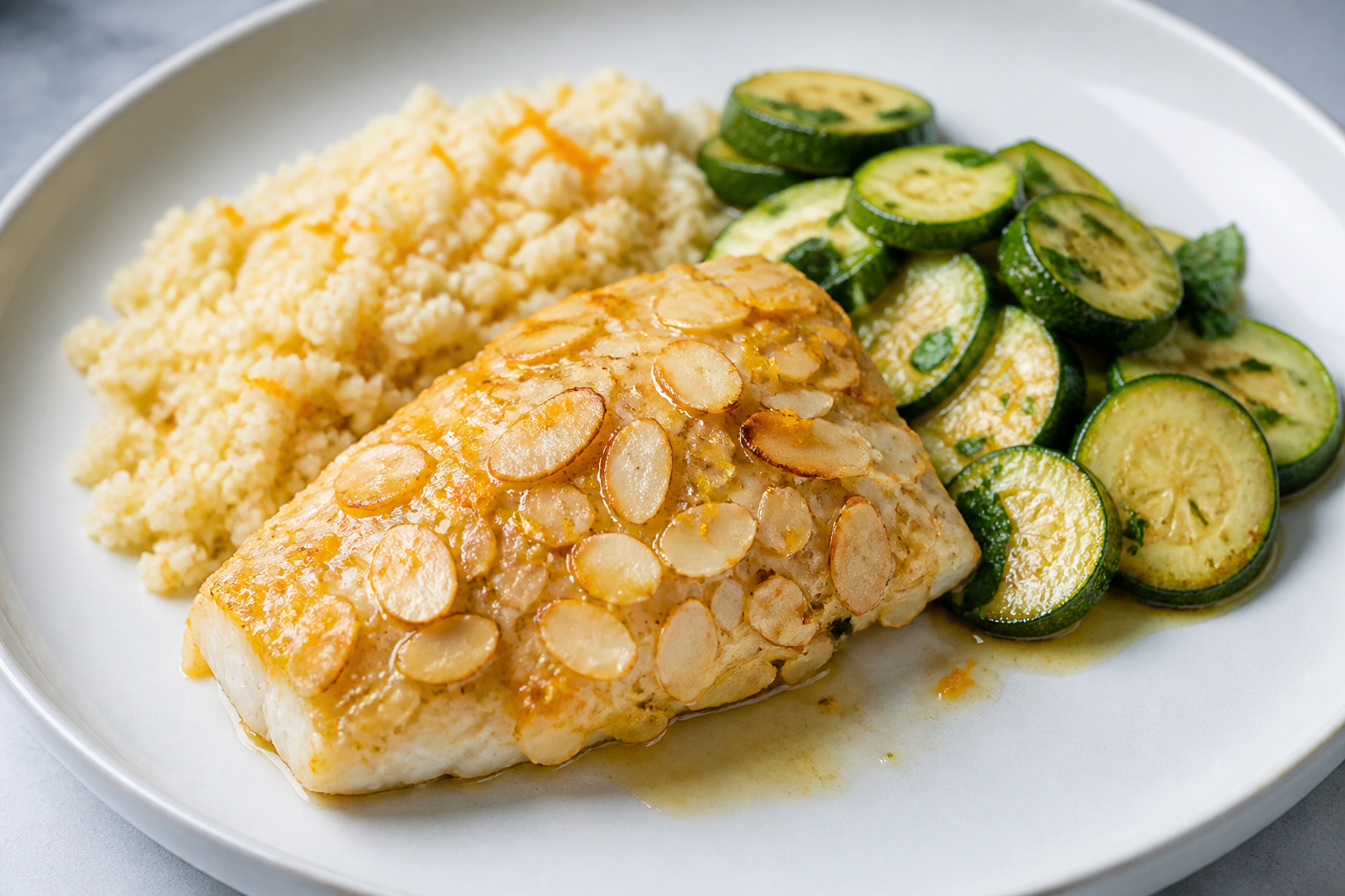 Orange Blossom Sea Bass with Light Almond Crust, Cauliflower Couscous and Minted Sautéed Zucchini