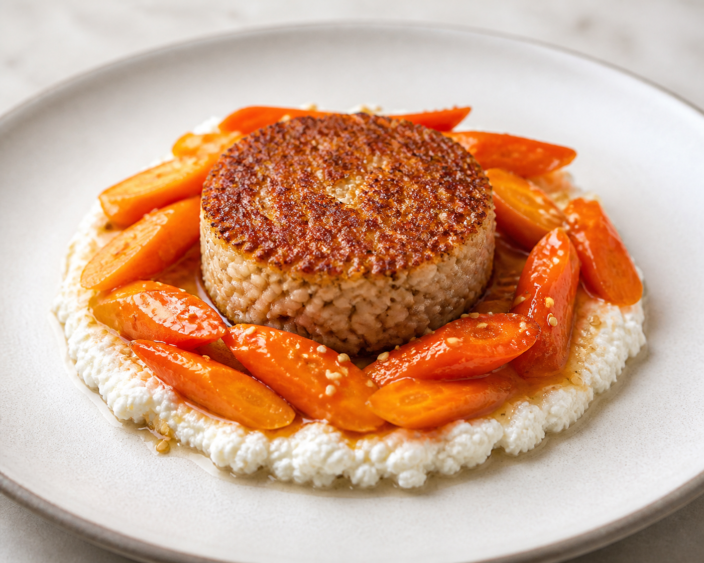 Timbal crujiente de cebada perlada con zanahorias glaseadas al miso, ricotta de hierbas y sésamo tostado
