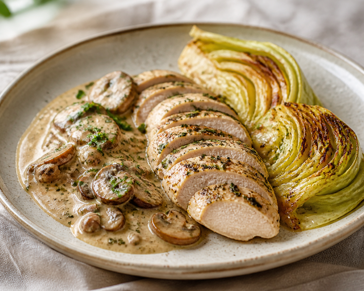 Pollo al perejil y alcaravea con crema tibia de champiñón y col asada