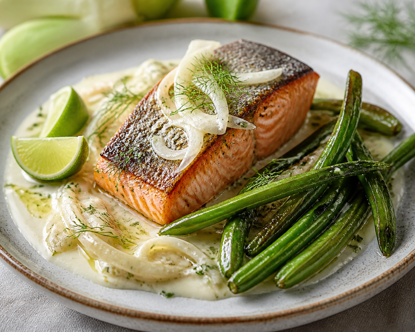 Keto Salmon in Fennel Lime Mascarpone Cream with Blistered Green Beans