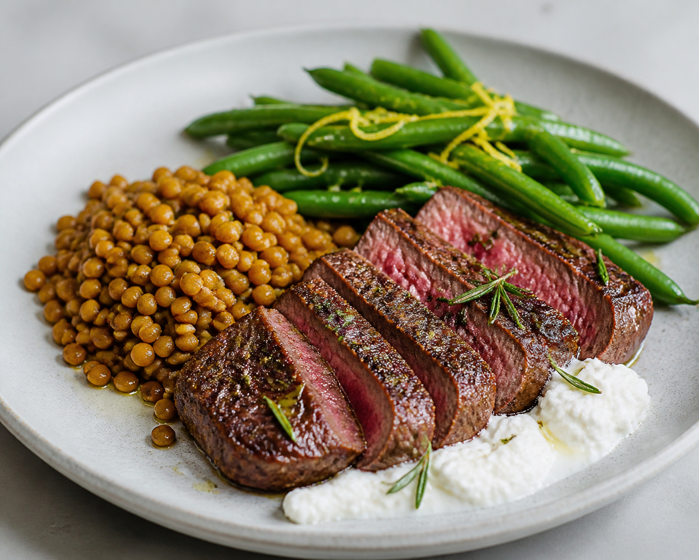 Bistec de Ternera al Romero con Crema de Requesón y Lentejas Doradas, y Judías Verdes al Limón