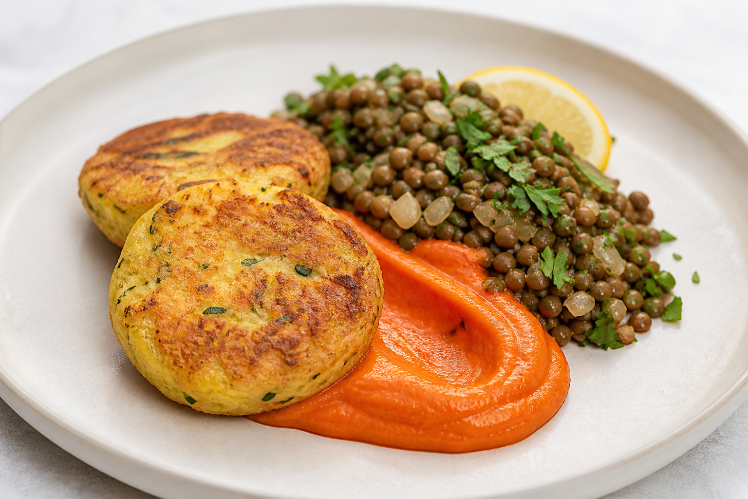 Golden Cassava and Zucchini Cakes with Red Pepper Cream and Warm Lemon Lentil Salad