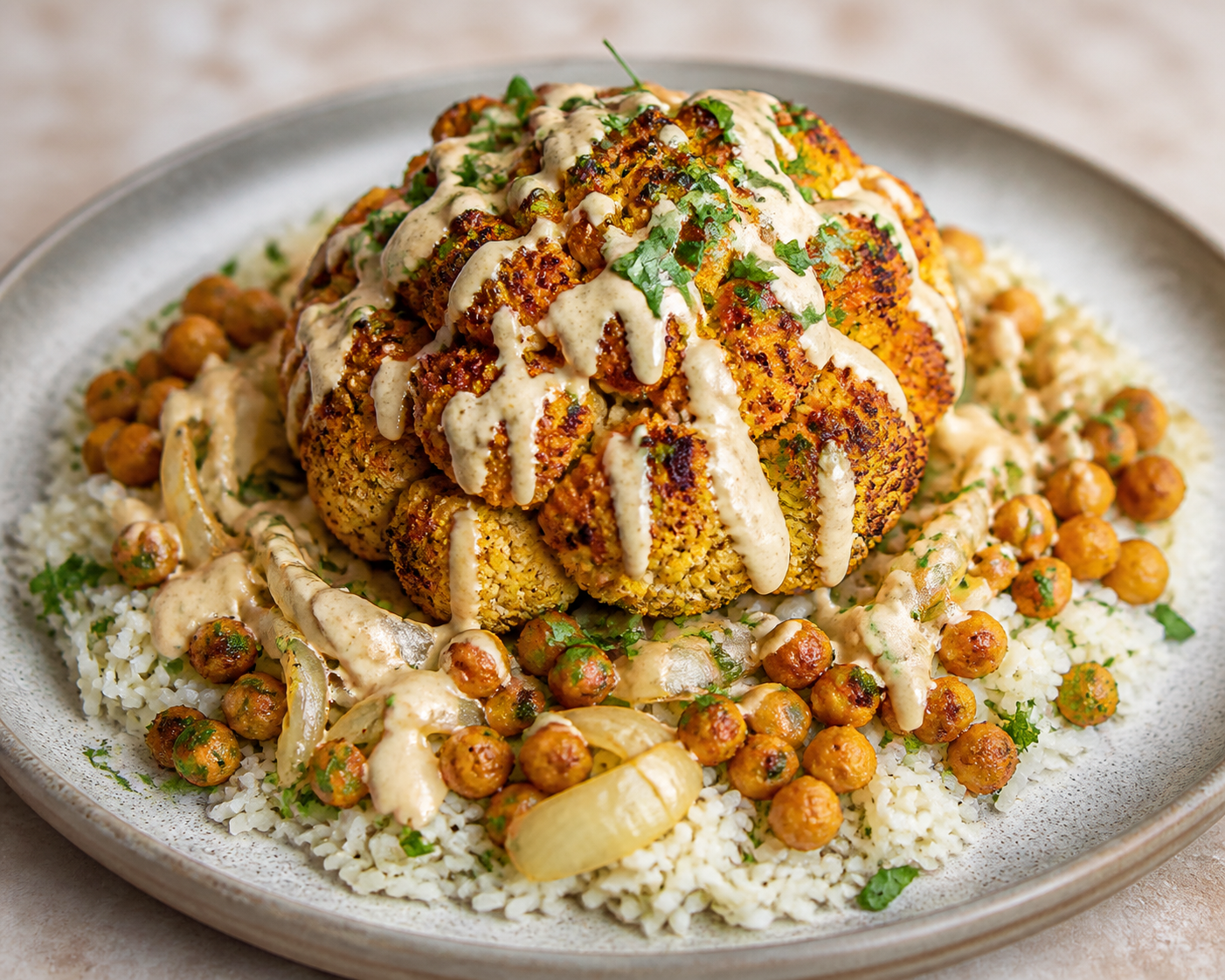 Whole Roasted Cauliflower with Herbed Rice, Crispy Chickpeas, and Toasted Tahini Lemon Sauce