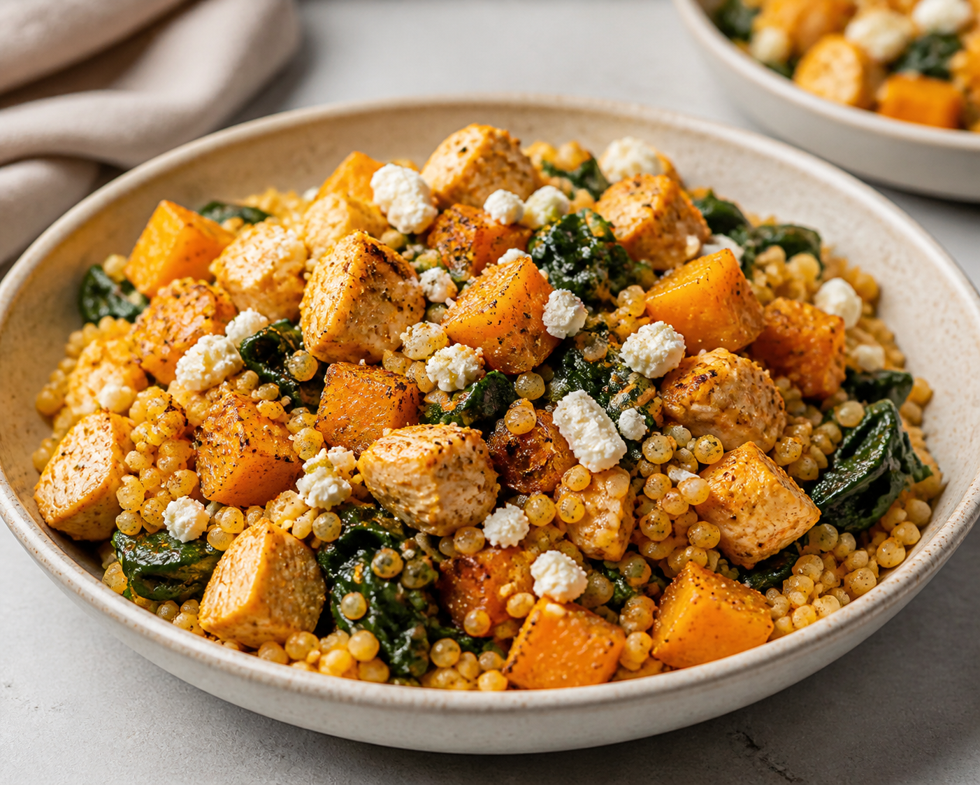 Family Pearl Couscous Bake with Paprika Chicken, Roasted Squash and Feta Crust