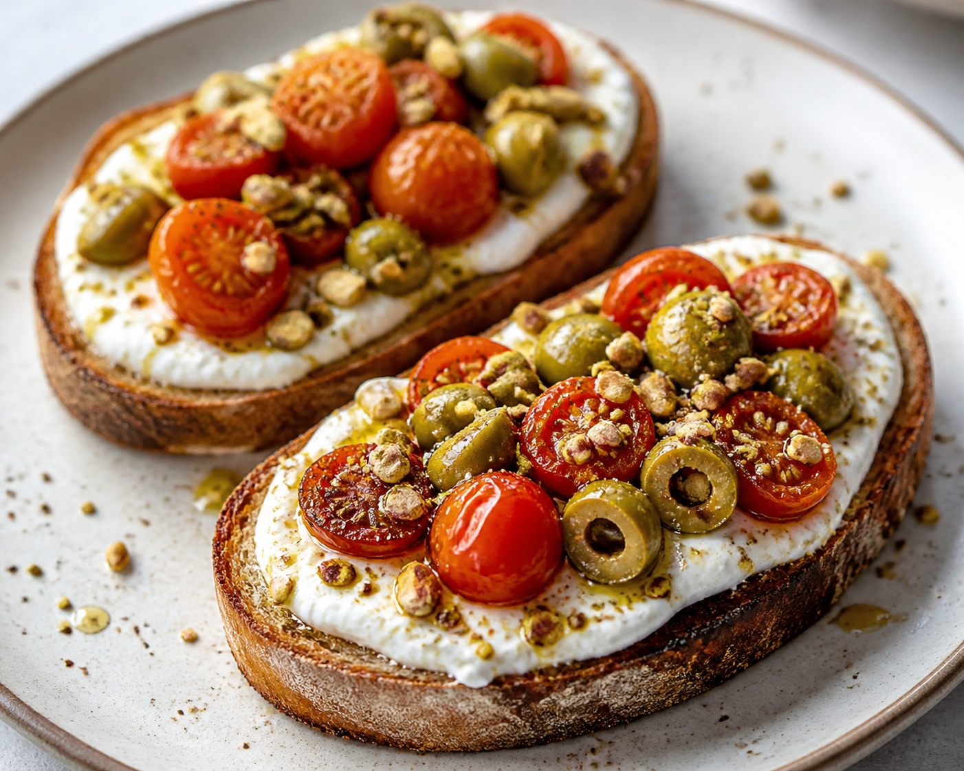 Quick savory yogurt toasts with warm cherry tomatoes, green olives, and pistachio dukkah
