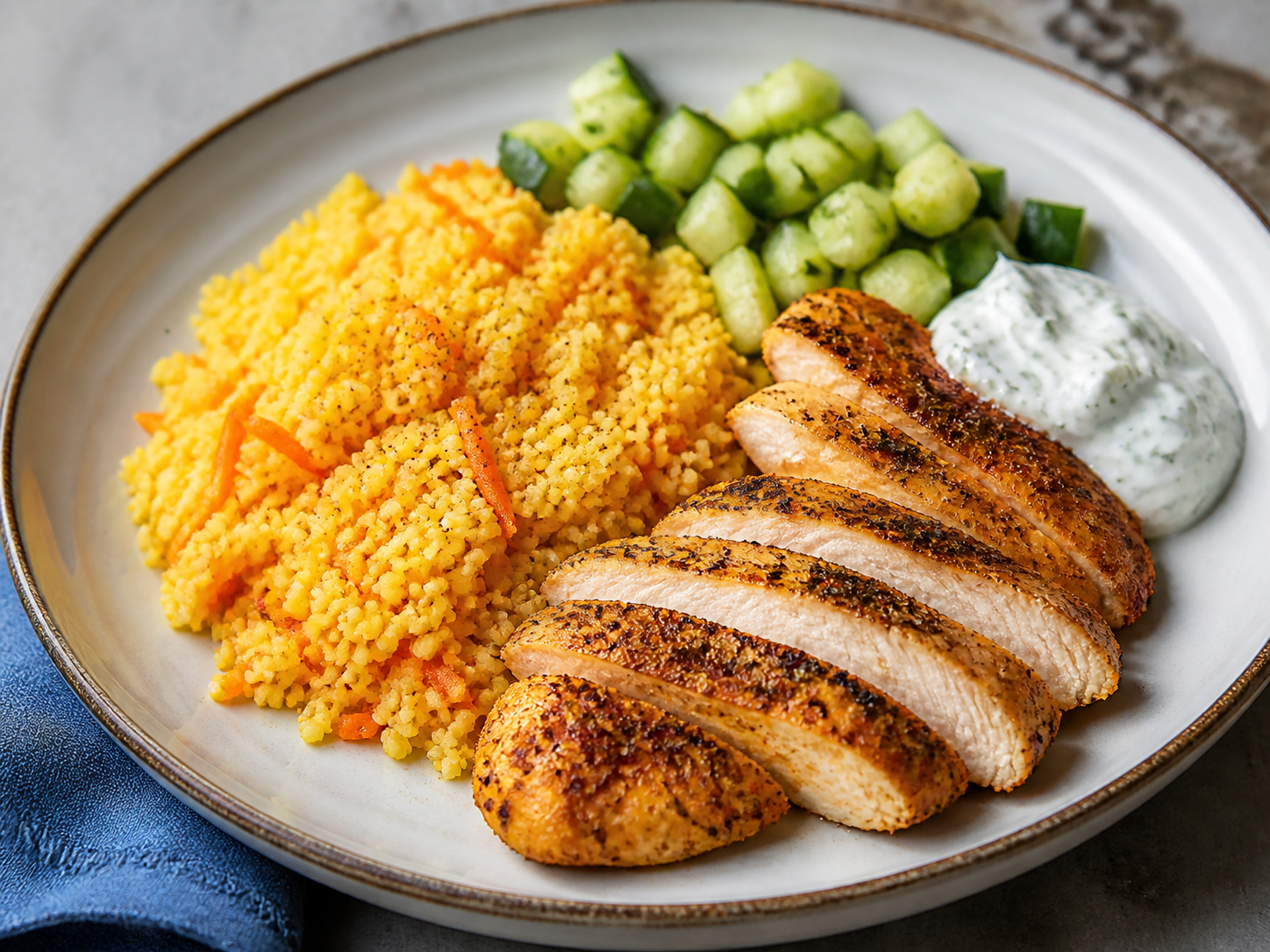 Cuscús exprés de zanahoria al limón con pollo especiado, pepino crujiente y salsa rápida de yogur y eneldo