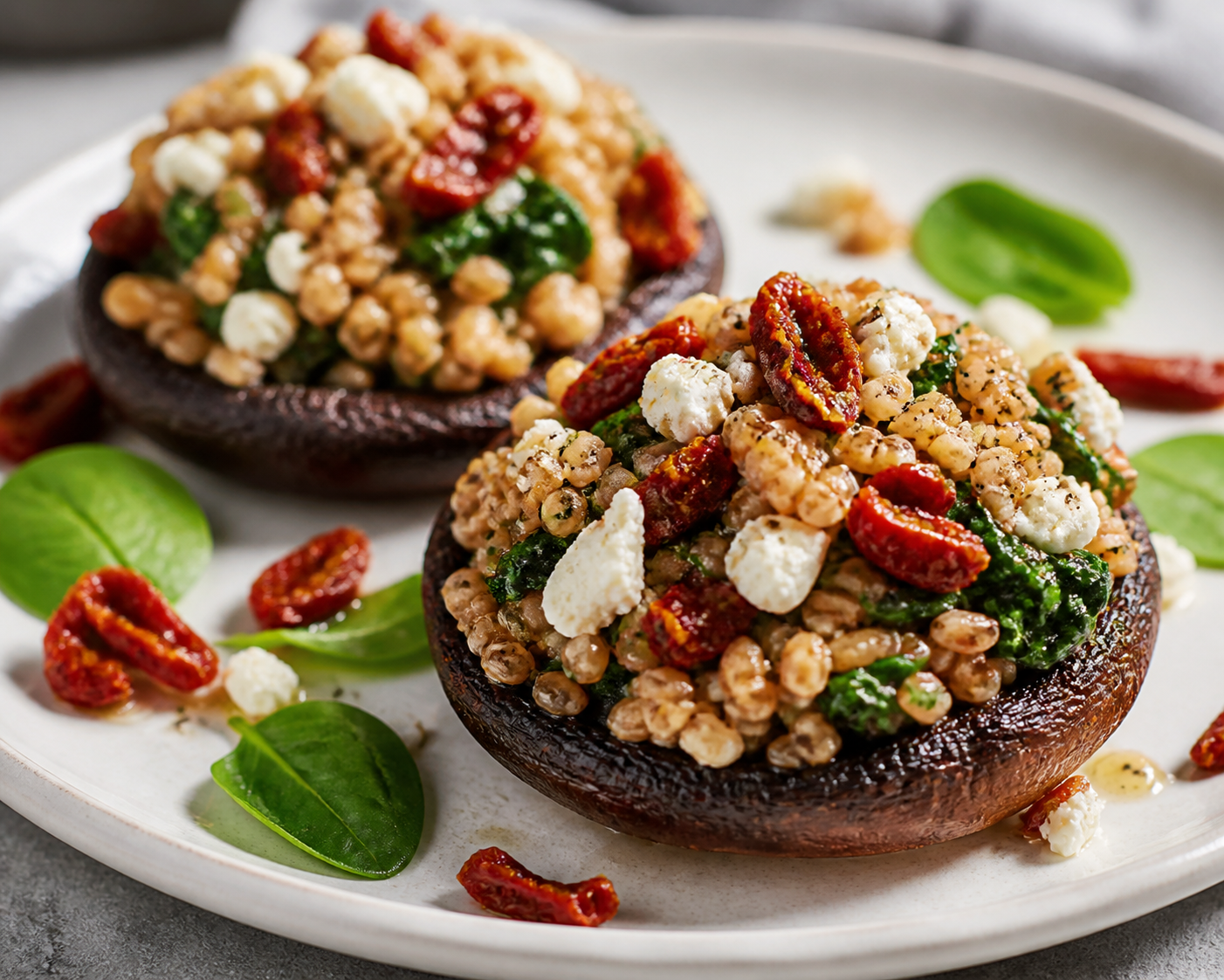 Air Fryer Portobello Mushrooms Stuffed with Creamy Farro, Goat Cheese, and Sun-Dried Tomato