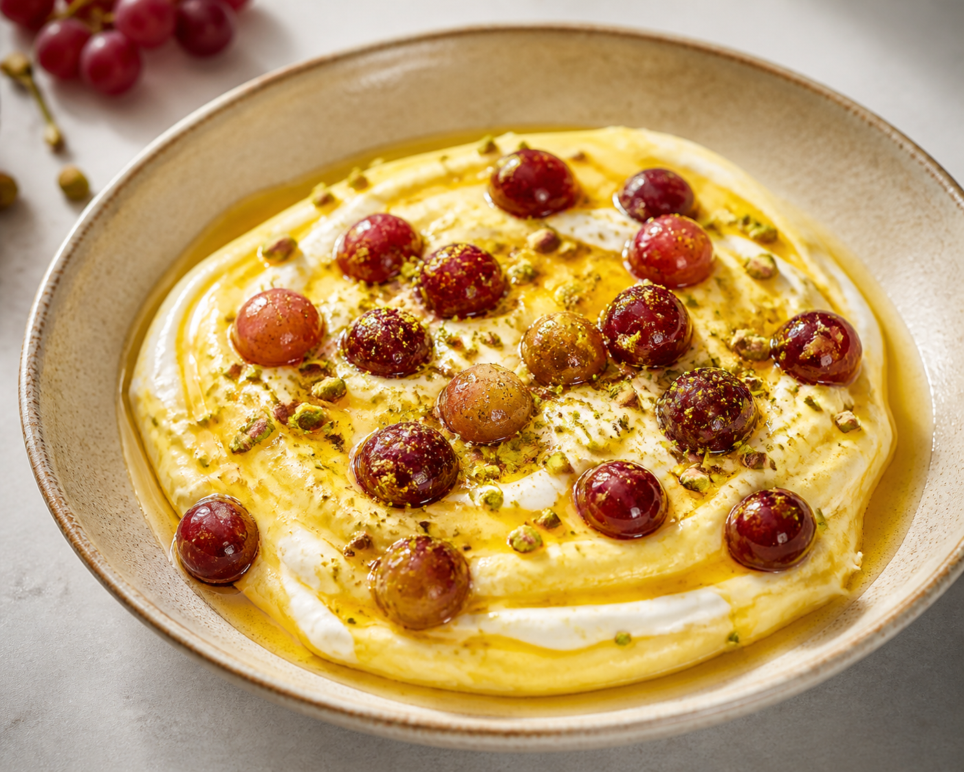 Cremoso tibio de yogur y azafrán con uvas asadas, miel dorada y migas de pistacho