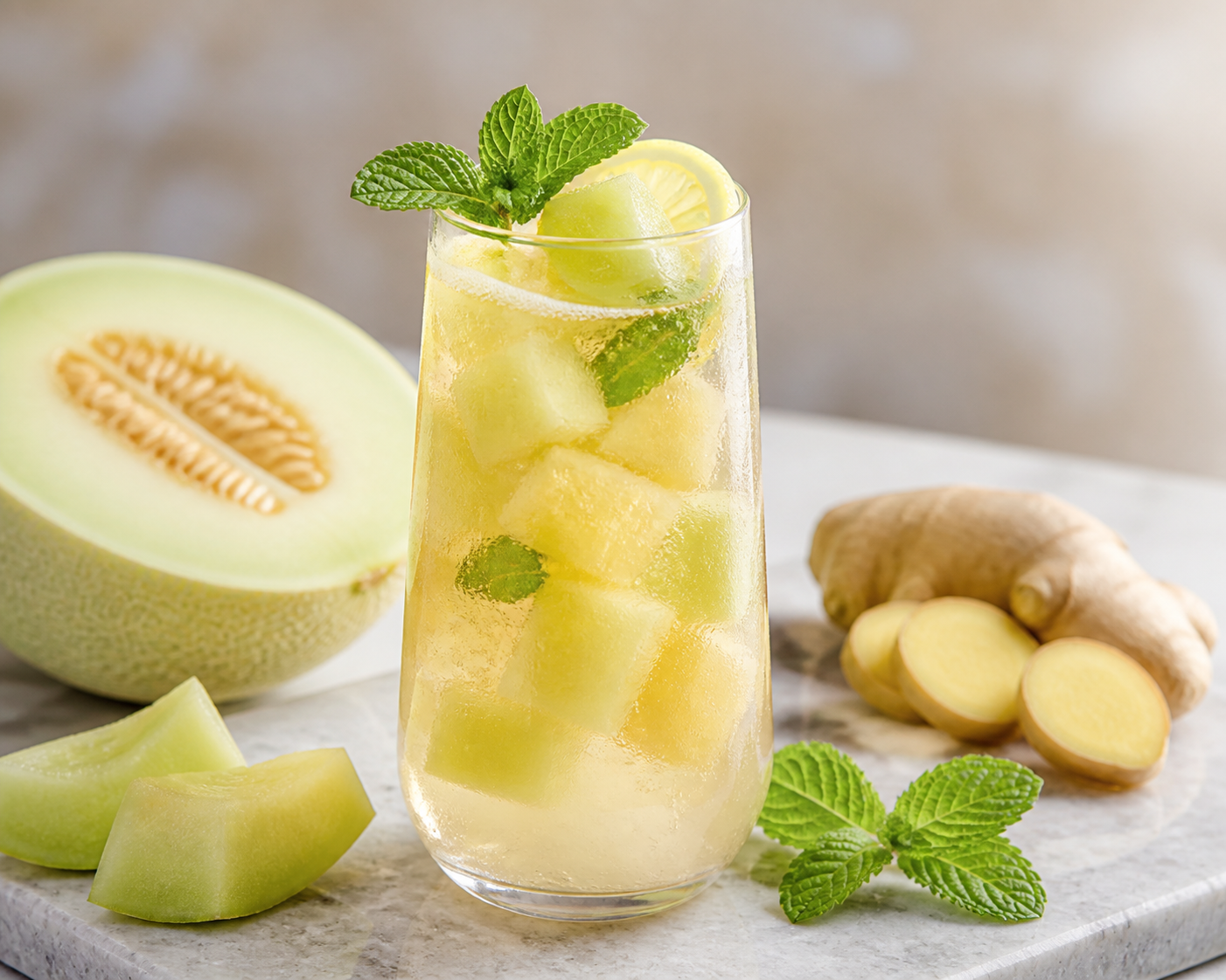 Soda helada de melón galia, limón meyer y té blanco con hierbabuena y jengibre fresco