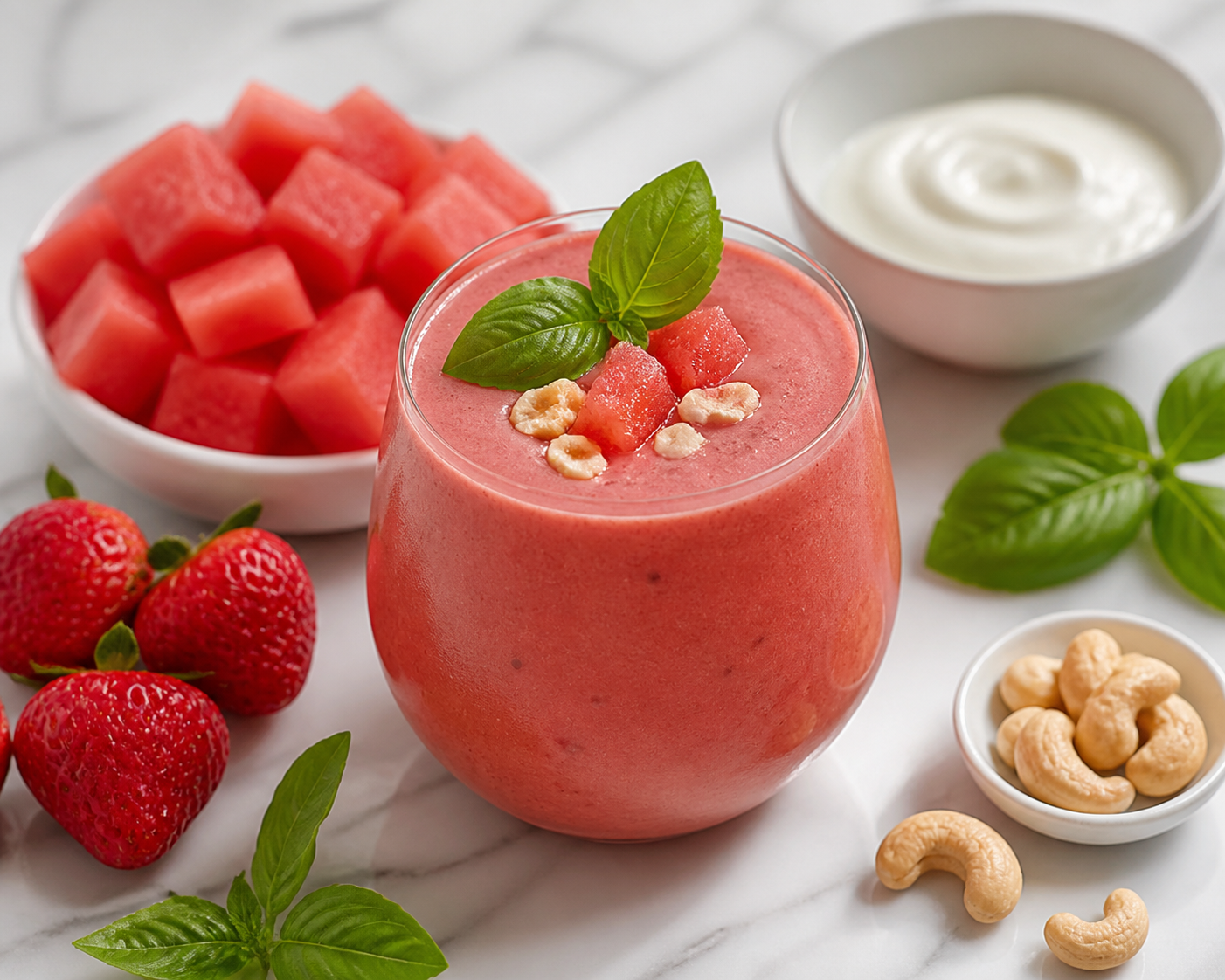 Batido Duna Roja de Sandía, Fresa y Yogur con Albahaca y Anacardo