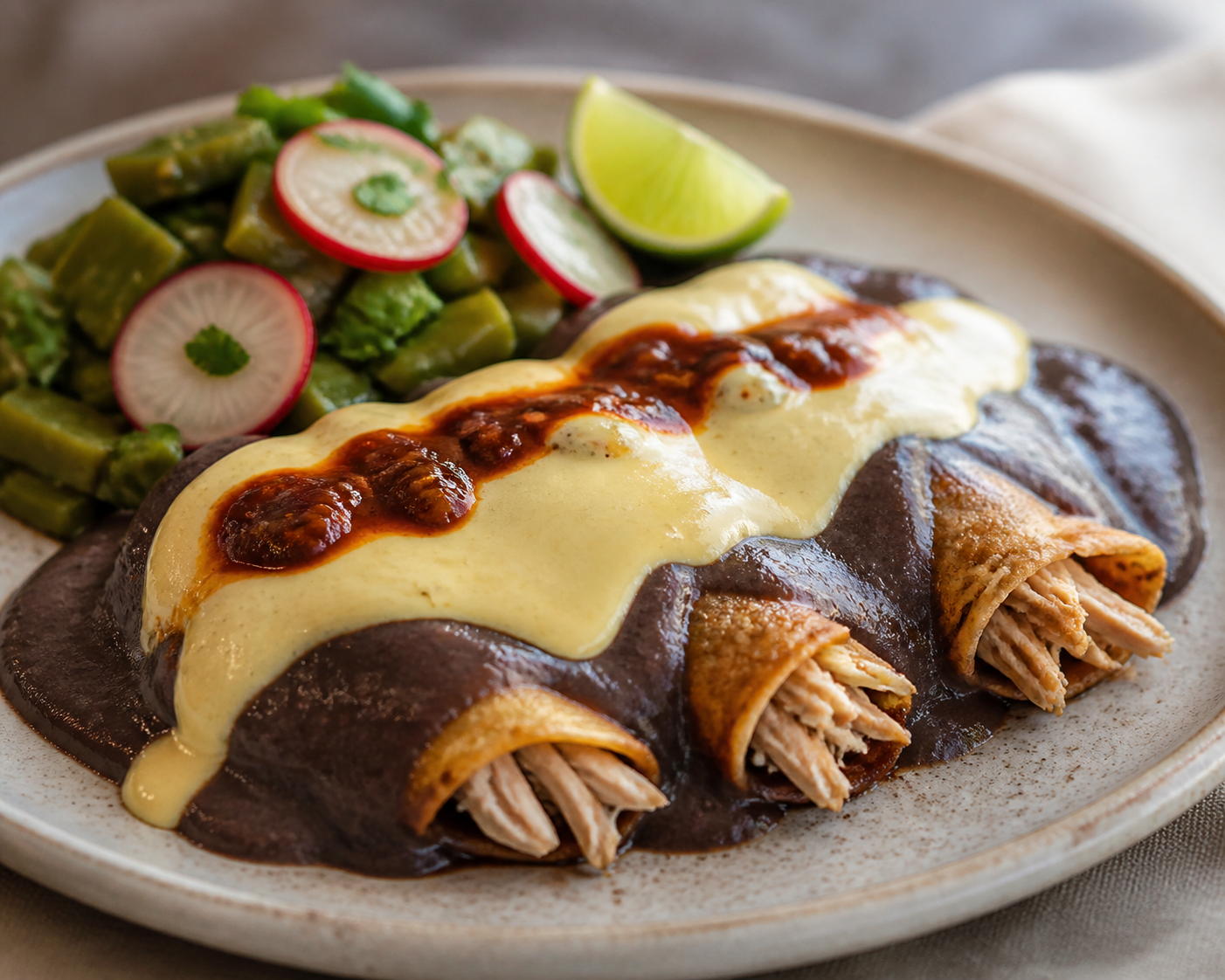 Enfrijoladas doradas de pavo al chile chipotle suave con crema de elote asado y ensalada de nopal, rábano y limón