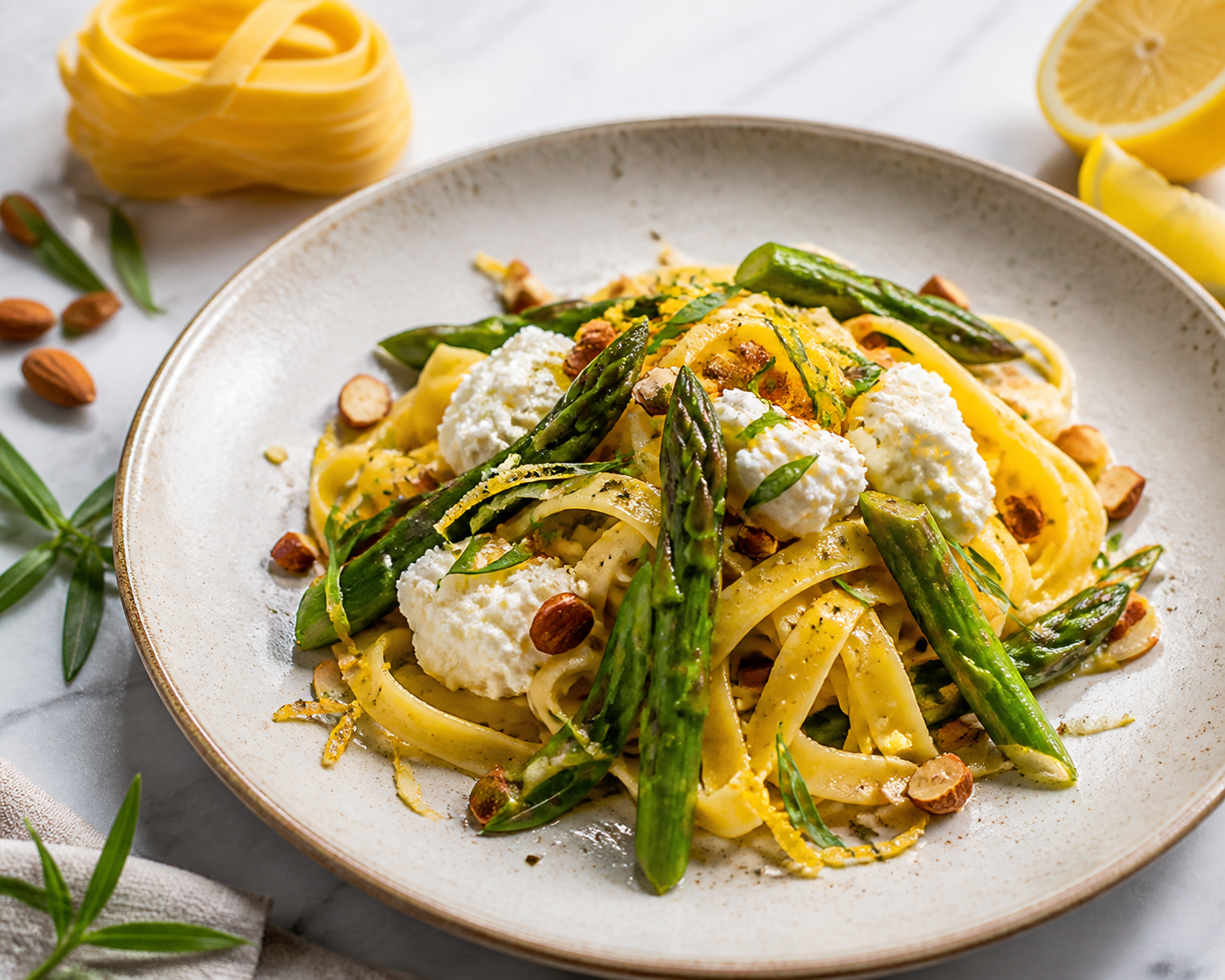 Tagliatelle al limón con ricotta batida, espárragos salteados y almendra crujiente al estragón