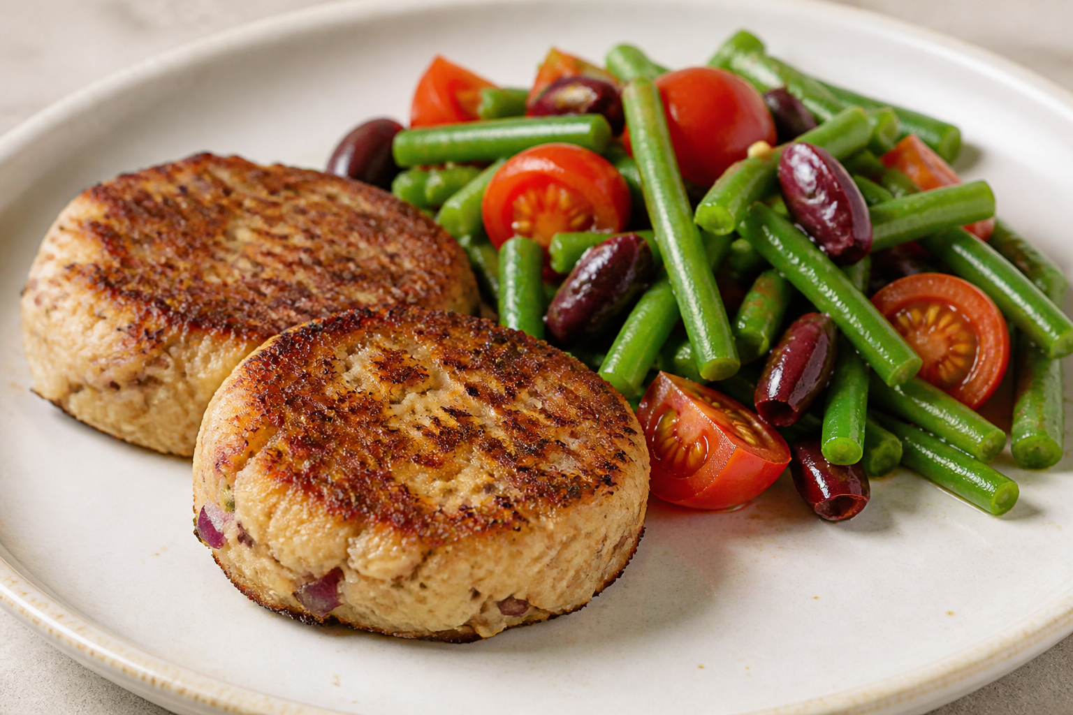 Mediterranean sardine and potato cakes with warm green bean, tomato and olive salad