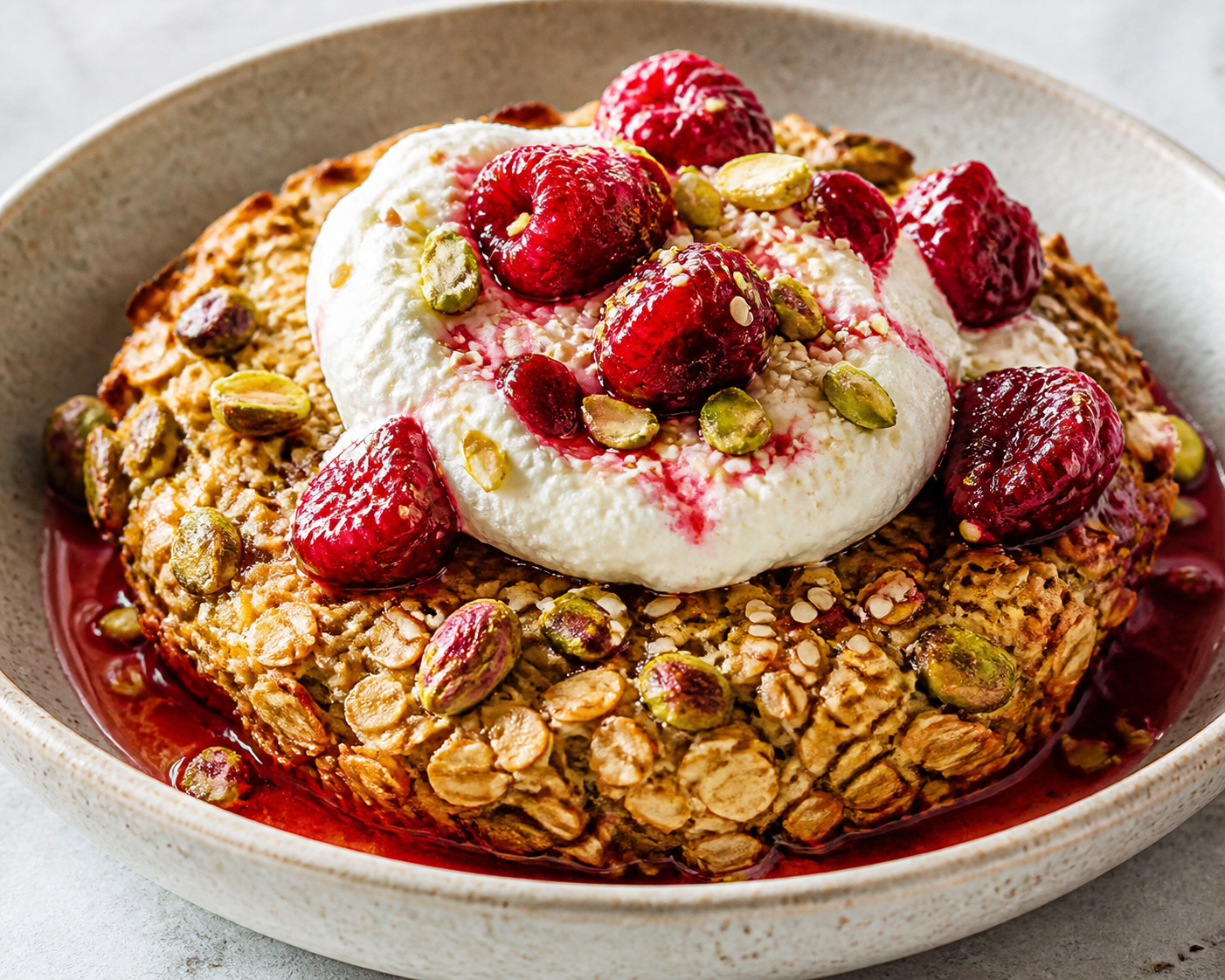 Baked Pistachio Lemon Oats with Whipped Ricotta, Roasted Raspberries, and Crunchy Sesame