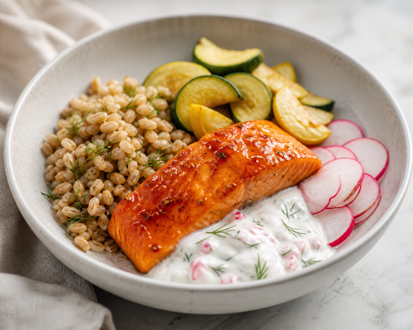 Tazón de salmón al pimentón y naranja con farro de eneldo, calabaza salteada y crema de yogur con rábano