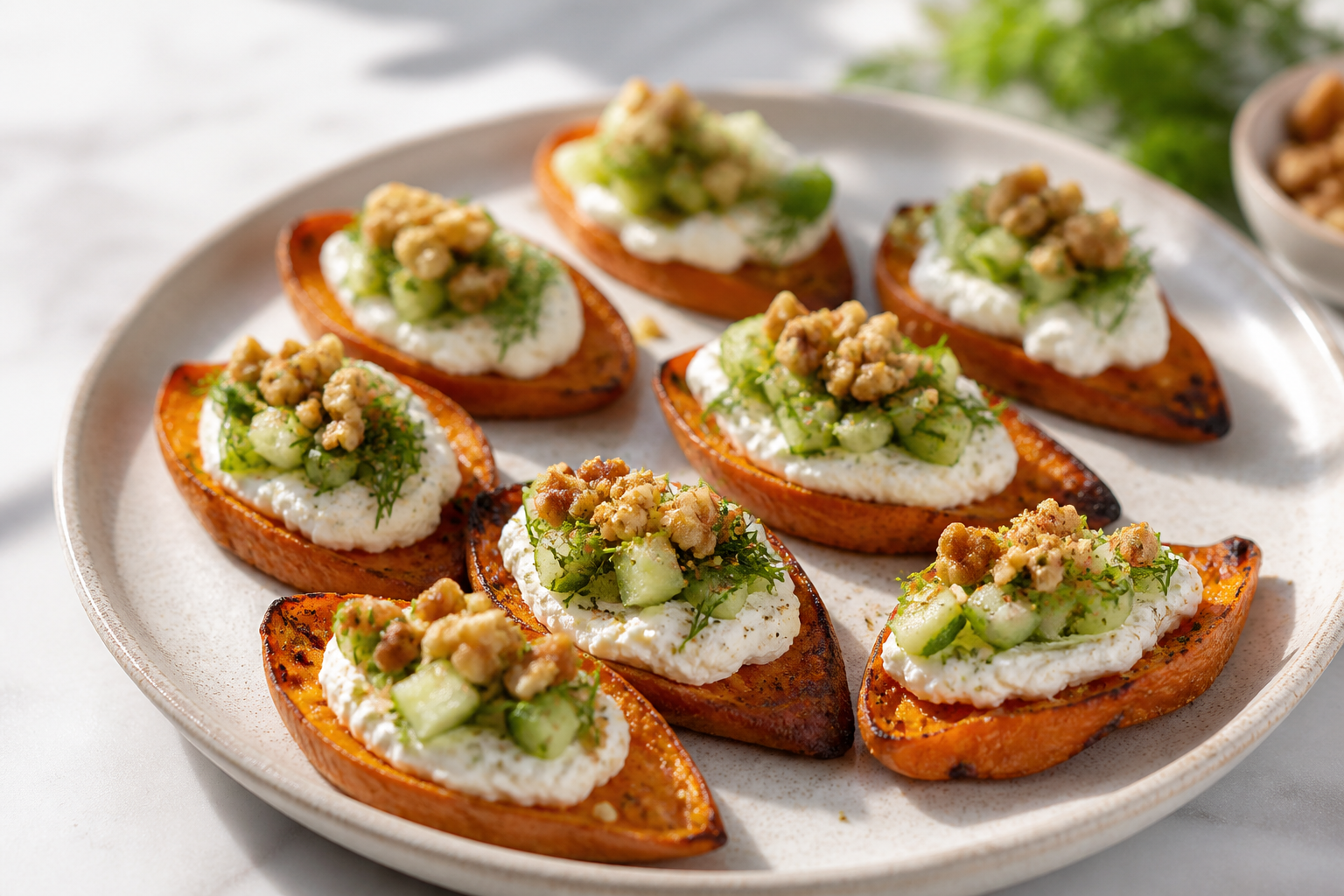 Crispy sweet potato spoons with whipped feta, dill cucumber, and spiced walnut