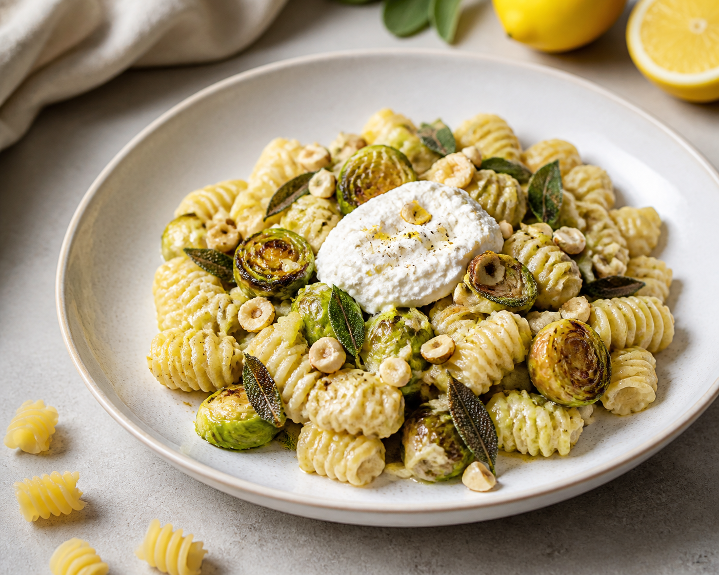 Creamy Radiatori with Roasted Brussels Sprouts, Soft Leeks and Ricotta with Lemon, Hazelnut and Crispy Sage
