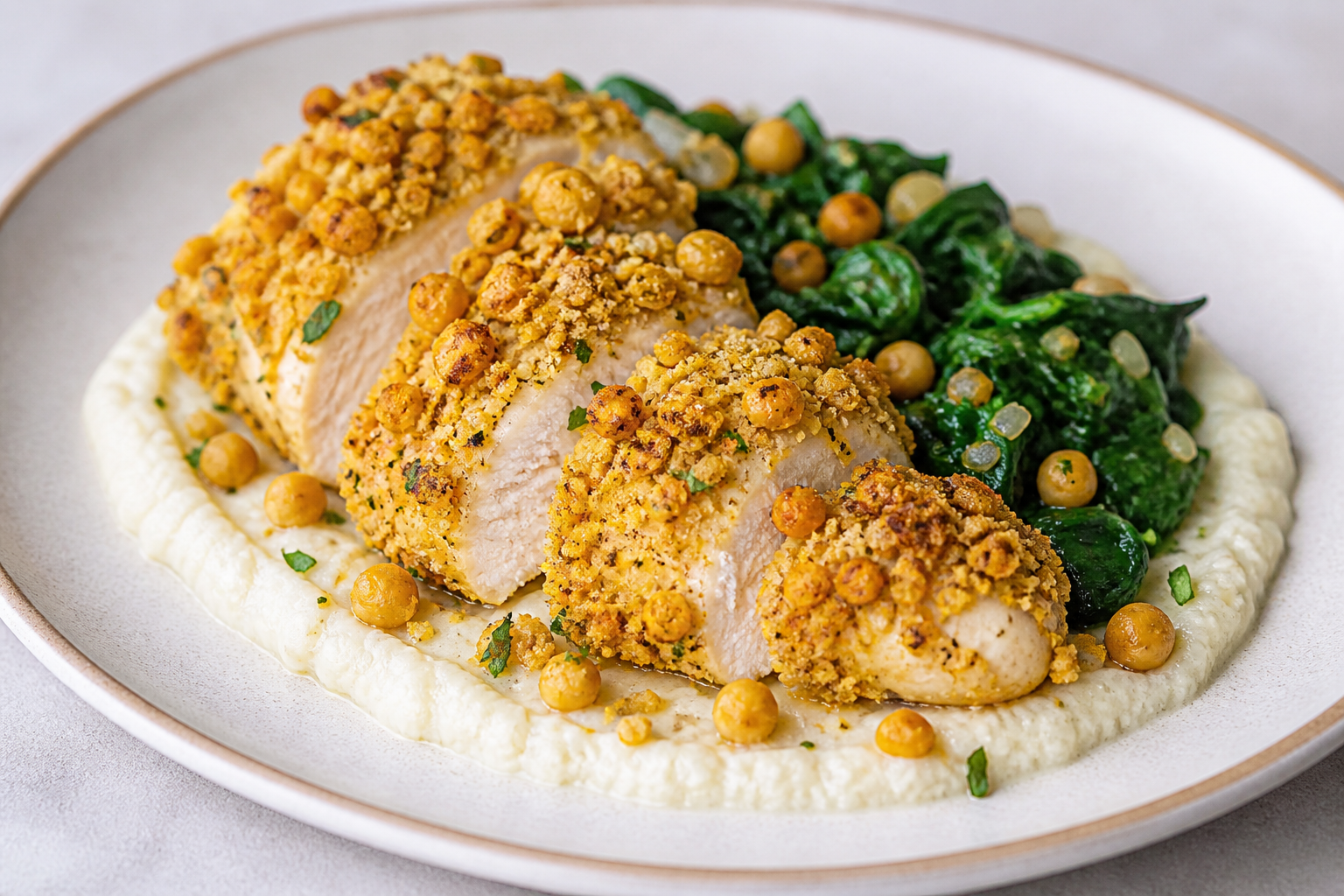 Pollo al horno con costra de garbanzo y limón, crema tibia de coliflor asada y espinacas salteadas al comino