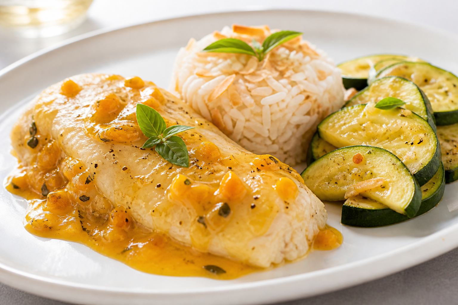 Sea Bass in Yellow Pepper Basil Sauce with Toasted Coconut Rice and Lemon Zucchini