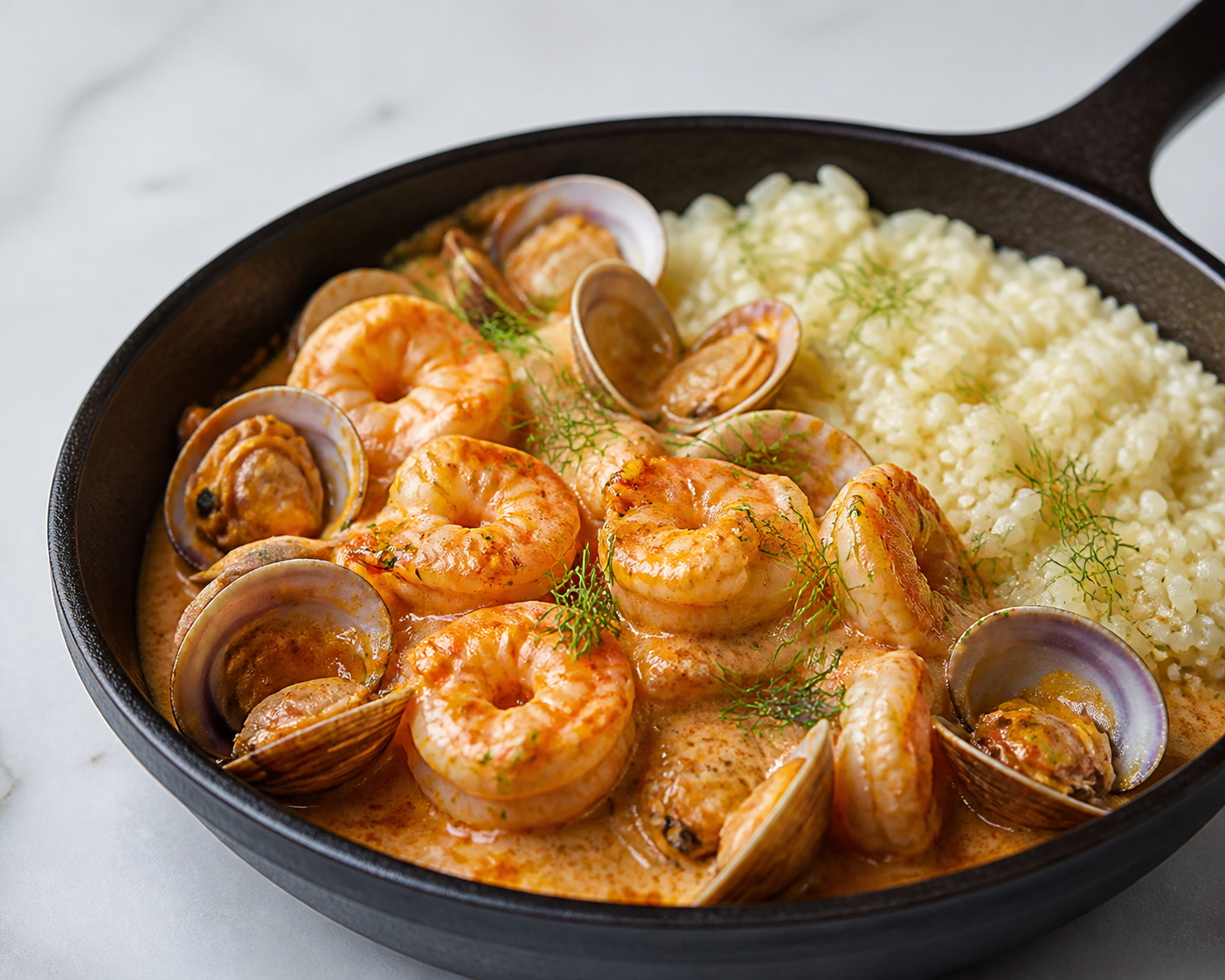 Cazuela de langostinos y almejas en salsa de pimiento choricero y hinojo, con arroz meloso de limón