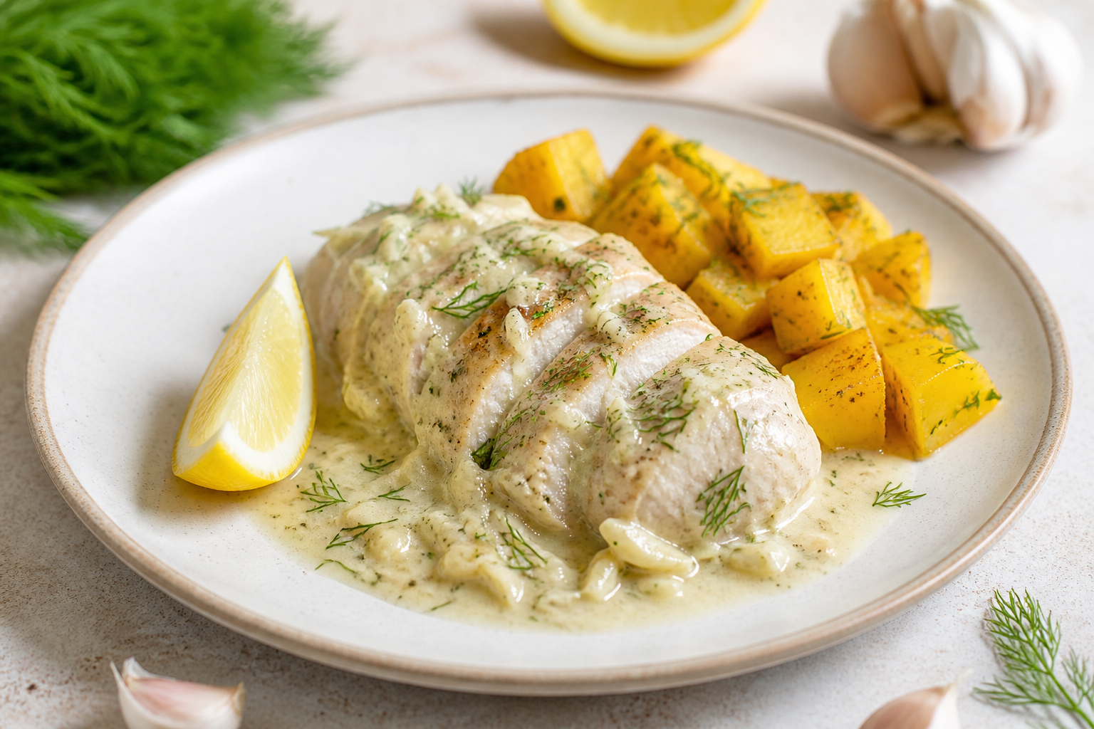 Pollo al eneldo y limón con crema de alcachofa y colinabo dorado