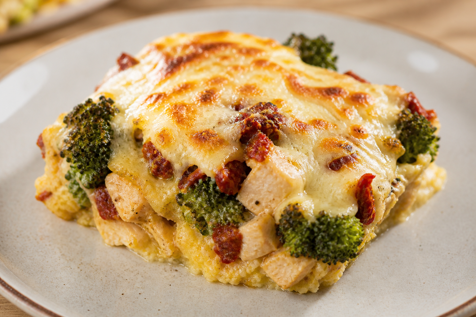 Family Creamy Polenta Bake with Sun-Dried Tomato Chicken, Roasted Broccoli and Mozzarella Crust
