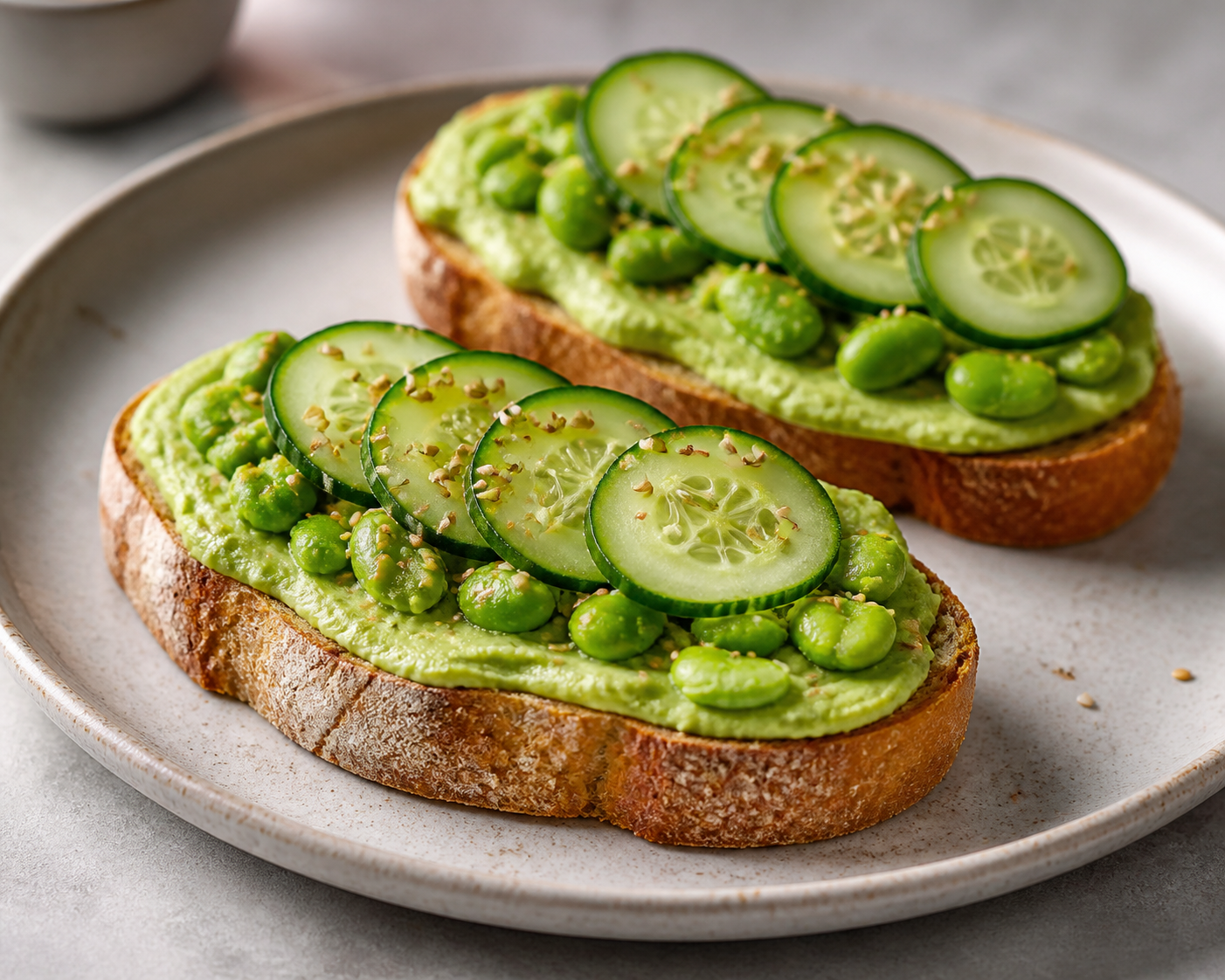 Quick Toasts with Avocado-Tahini Cream, Smashed Edamame, Cucumber, and Crunchy Sesame