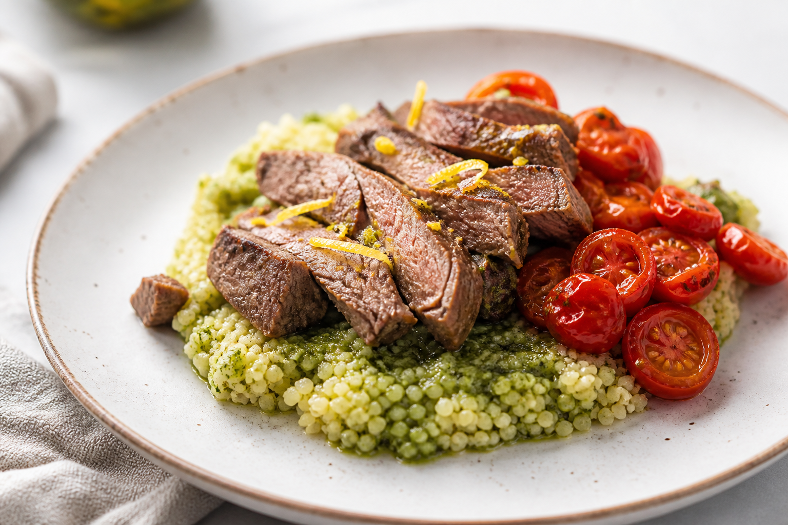Bulgur exprés al pesto de rúcula con ternera cítrica y tomates cherry salteados